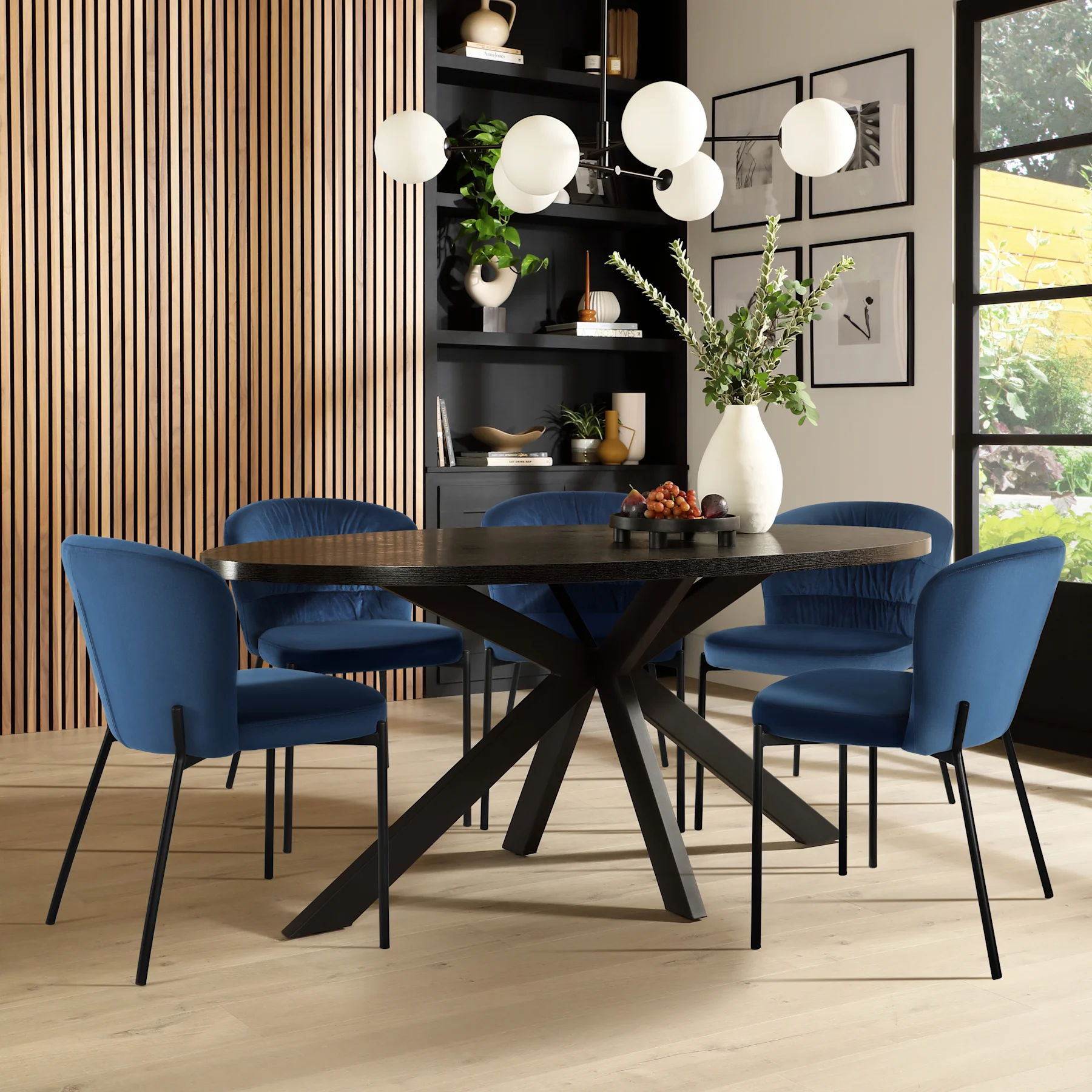 Madison Oval Dining Table & 4 Gianna Chairs, Black Oak Effect & Black Steel, Blue Classic Velvet, 180cm