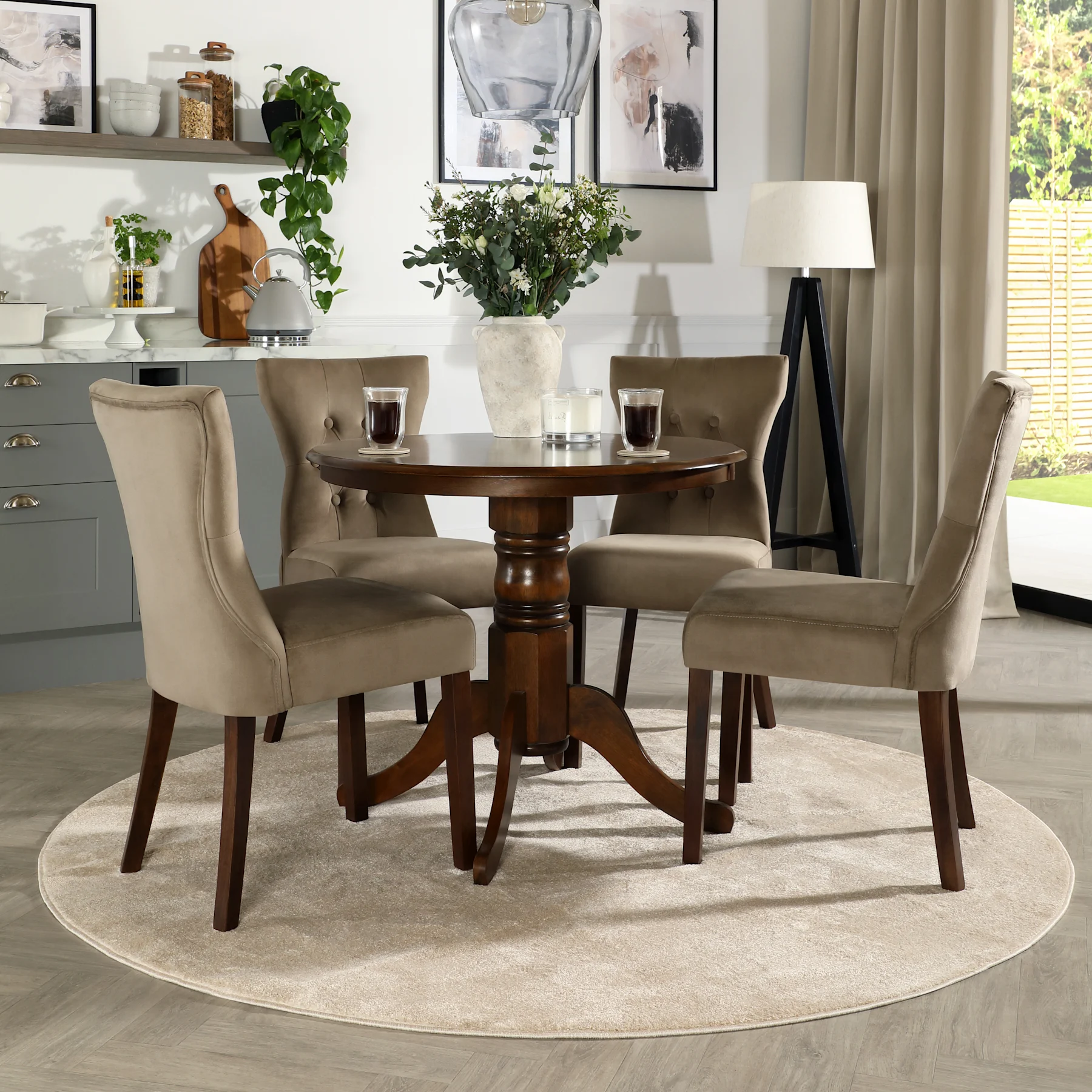 Kingston Round Dining Table & 2 Bewley Chairs, Dark Solid Hardwood, Beige Classic Velvet, 90cm