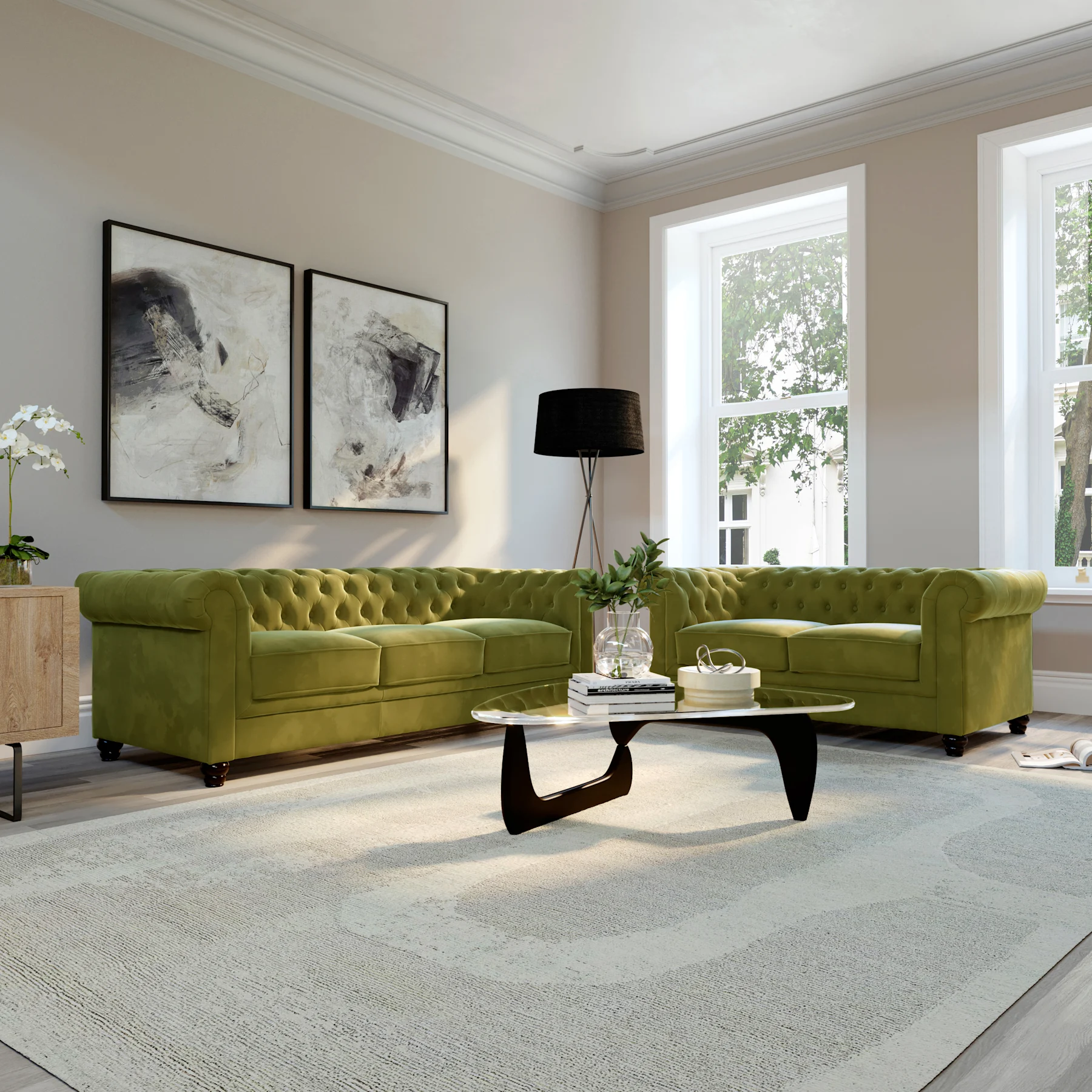 Hampton 3+2 Seater Chesterfield Sofa Set, Olive Green Classic Velvet