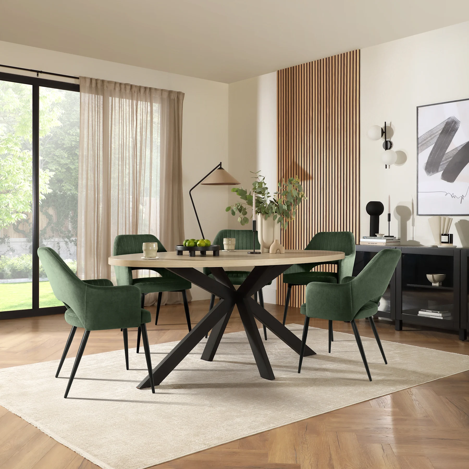 Madison Oval Dining Table & 4 Clara Chairs, Light Oak Effect & Black Steel, Moss Green Classic Velvet, 180cm