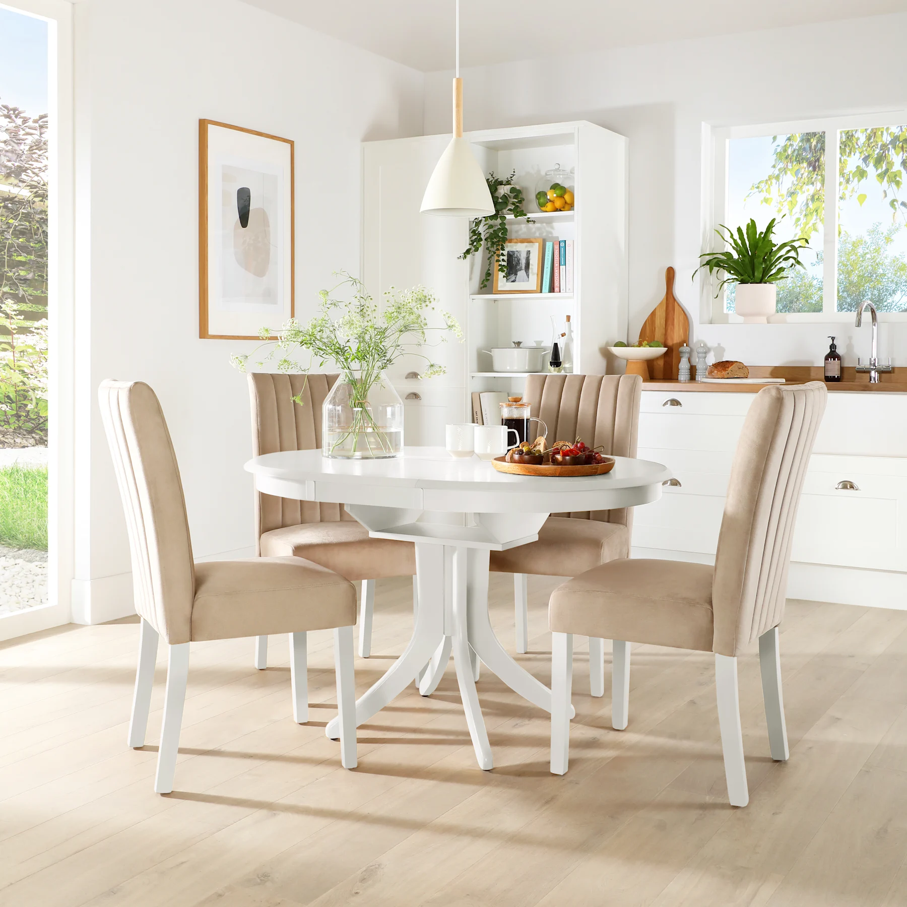 Hudson Round Extending Dining Table & 6 Salisbury Chairs, White Wood, Champagne Classic Velvet, 90-120cm