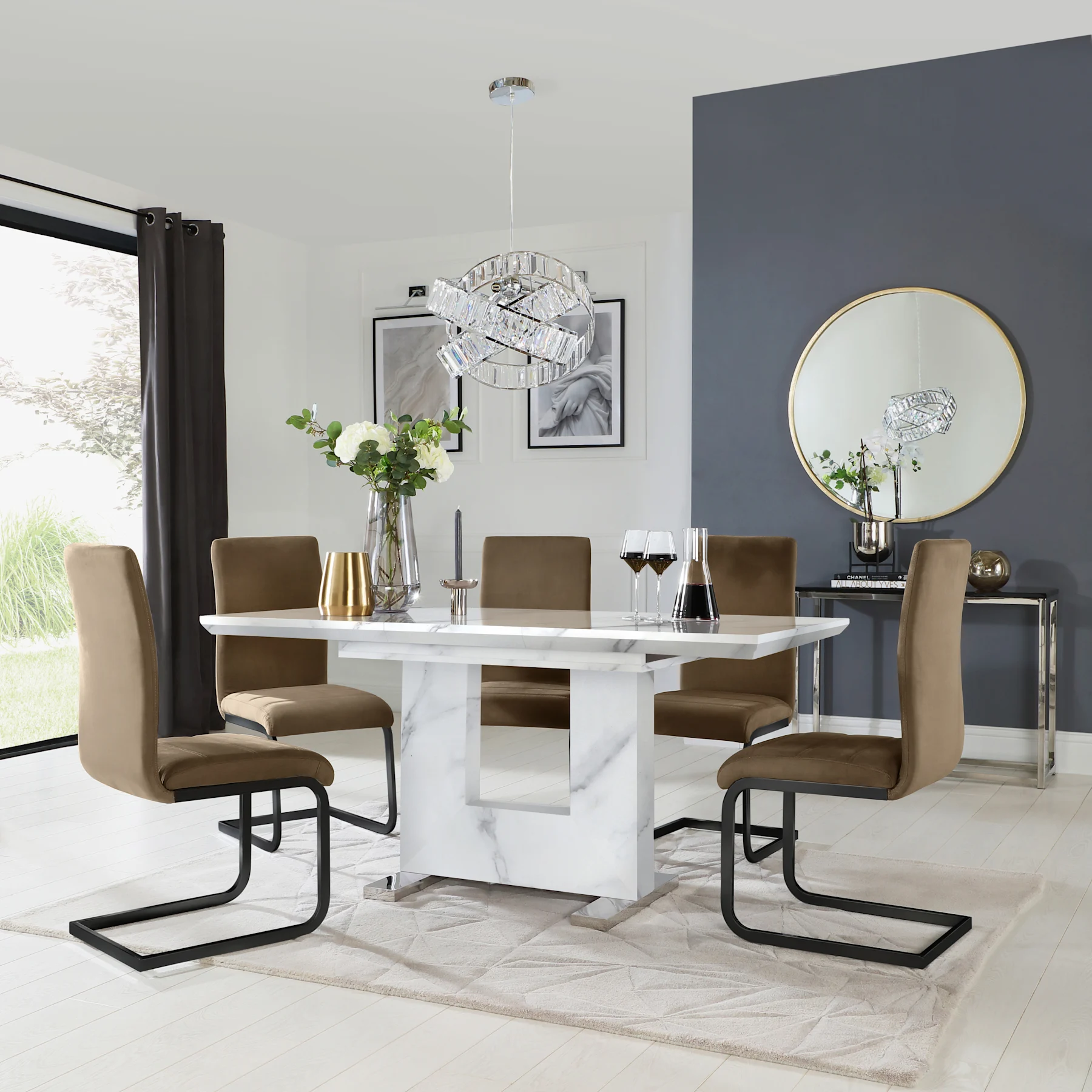 Florence Extending Dining Table & 4 Perth Chairs, White Marble Effect, Beige Classic Velvet & Black Steel, 120-160cm
