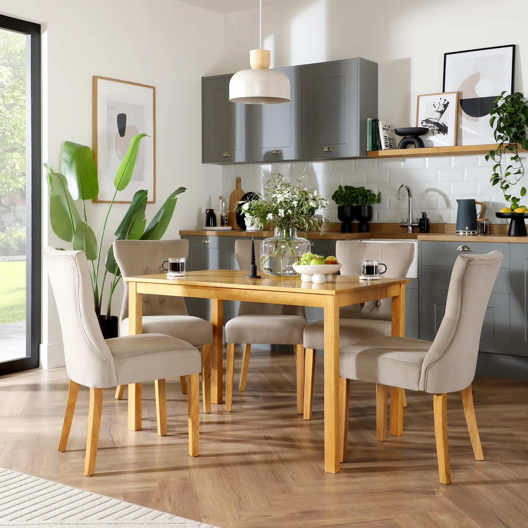 Milton Dining Table & 4 Bewley Chairs, Natural Oak Finished Solid Hardwood, Champagne Classic Velvet, 120cm