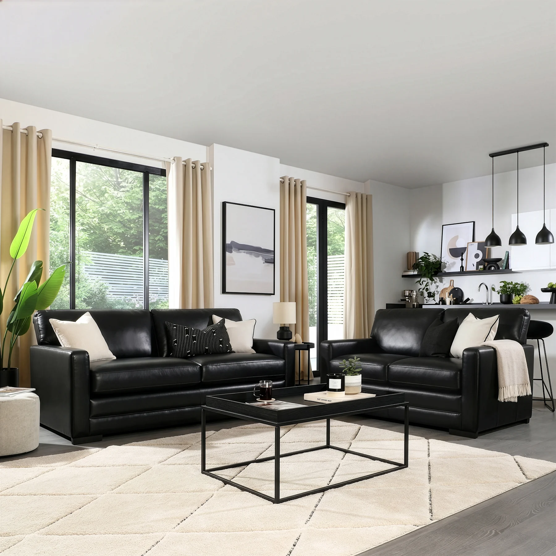 Arden 3+2 Seater Sofa Set, Black Premium Faux Leather