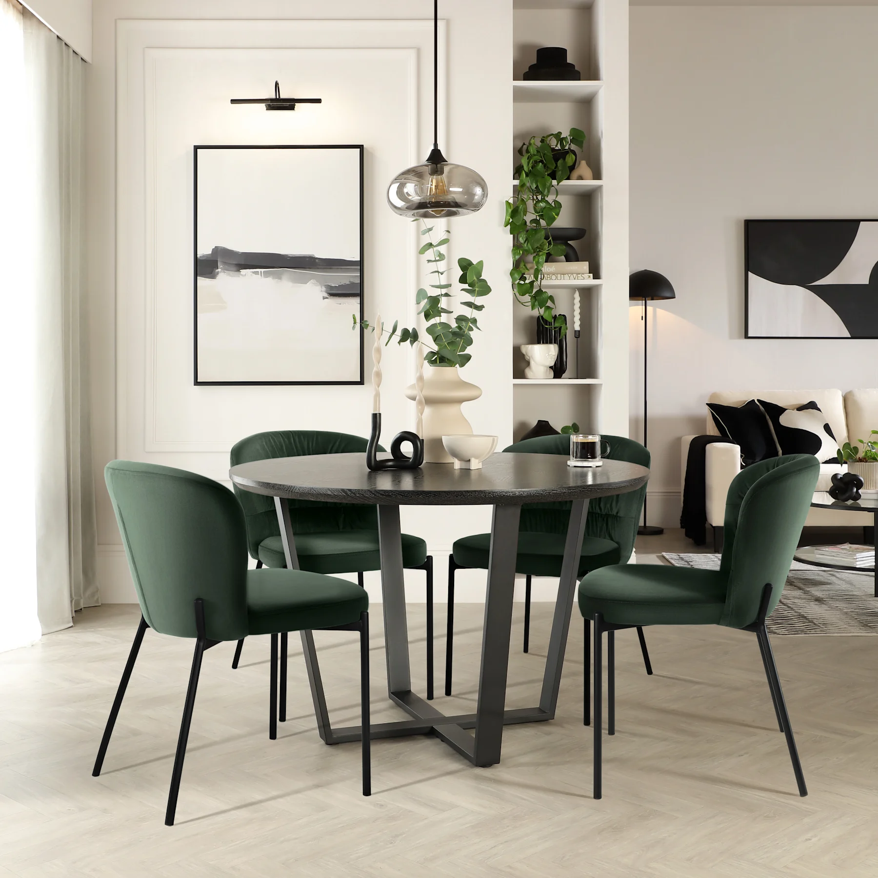 Traviso Round Dining Table & 4 Gianna Chairs, Black Oak Effect & Black Steel, Moss Green Classic Velvet, 120cm