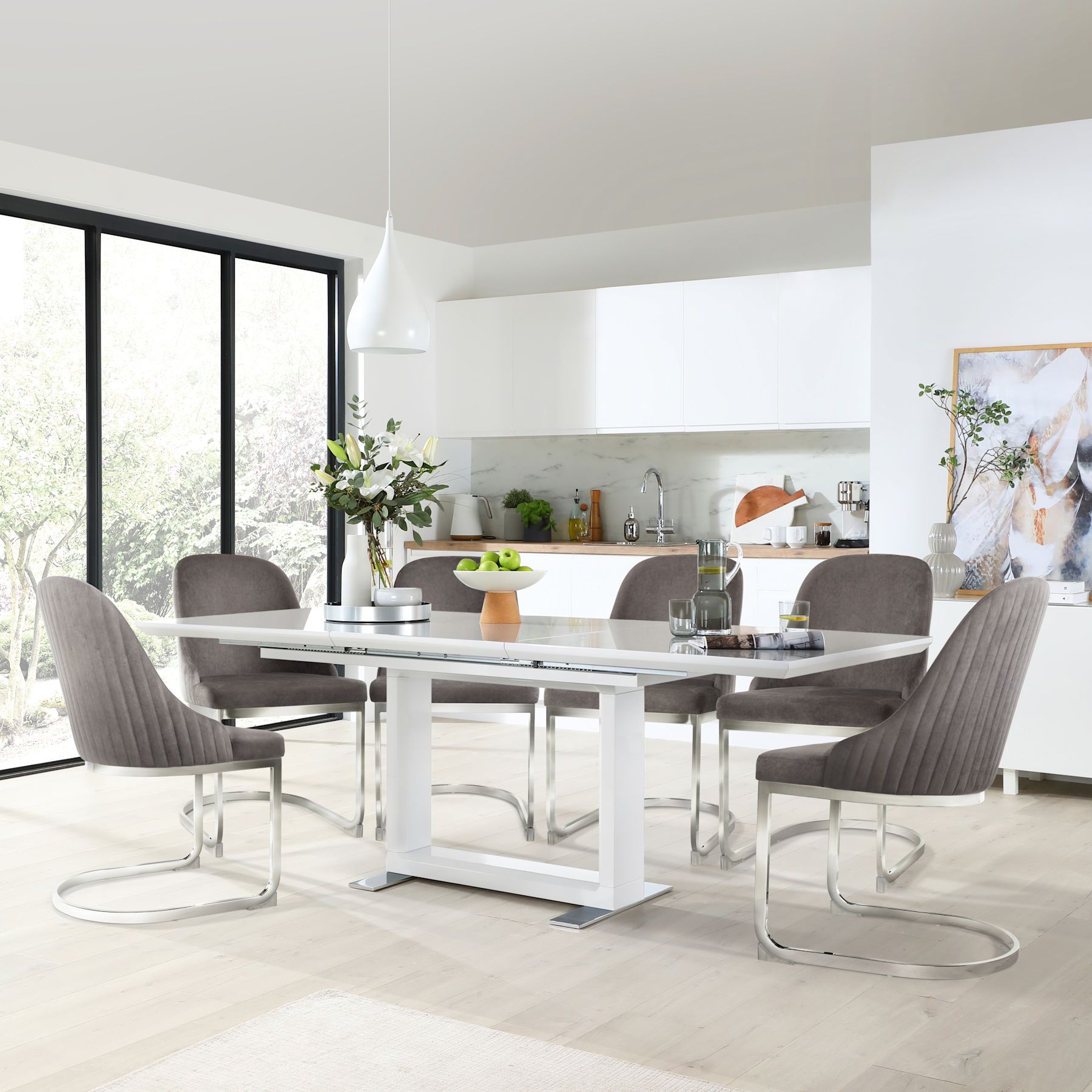 Tokyo Extending Dining Table & 4 Riva Chairs, White High Gloss, Grey ...