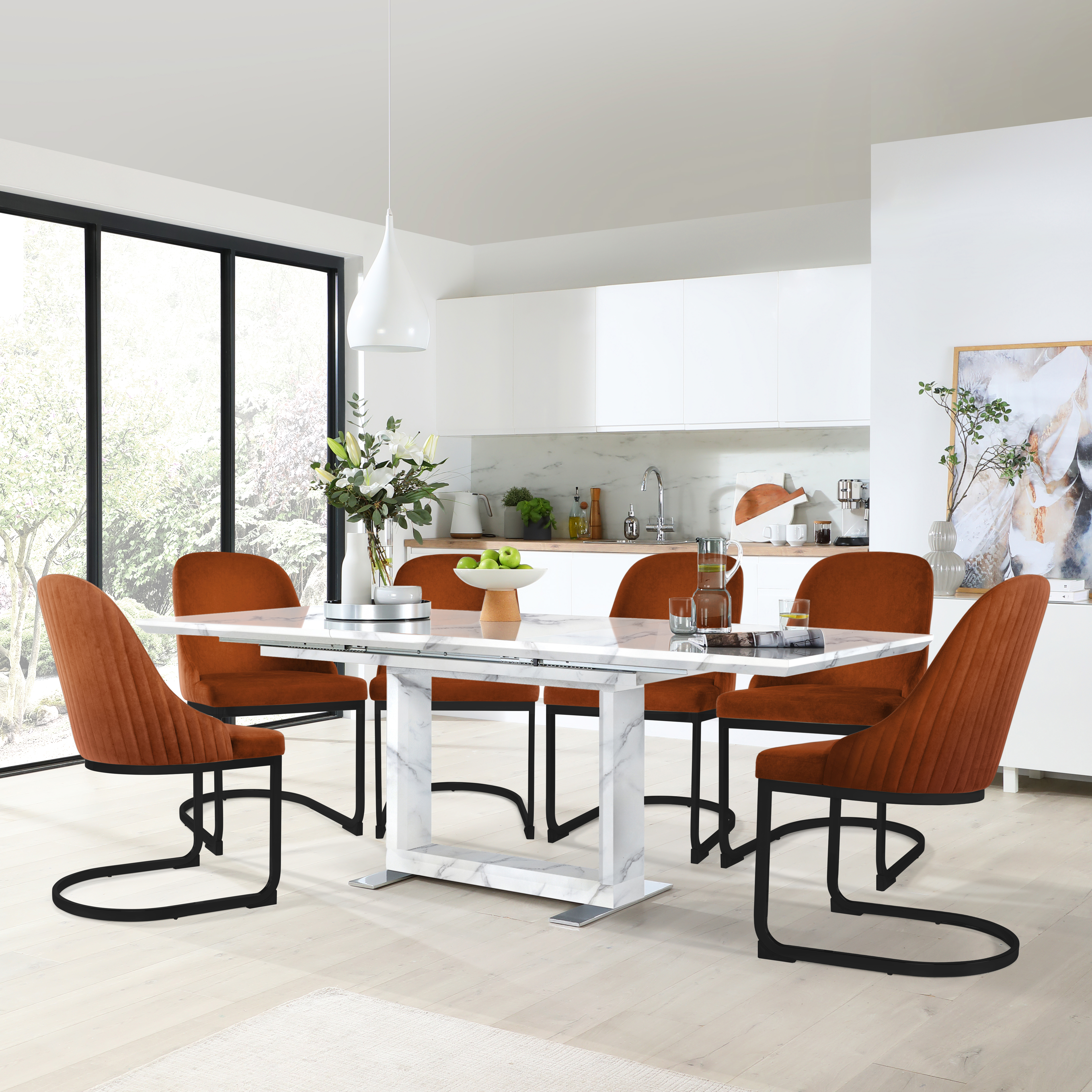 Tokyo Extending Dining Table & 4 Riva Chairs, White Marble Effect
