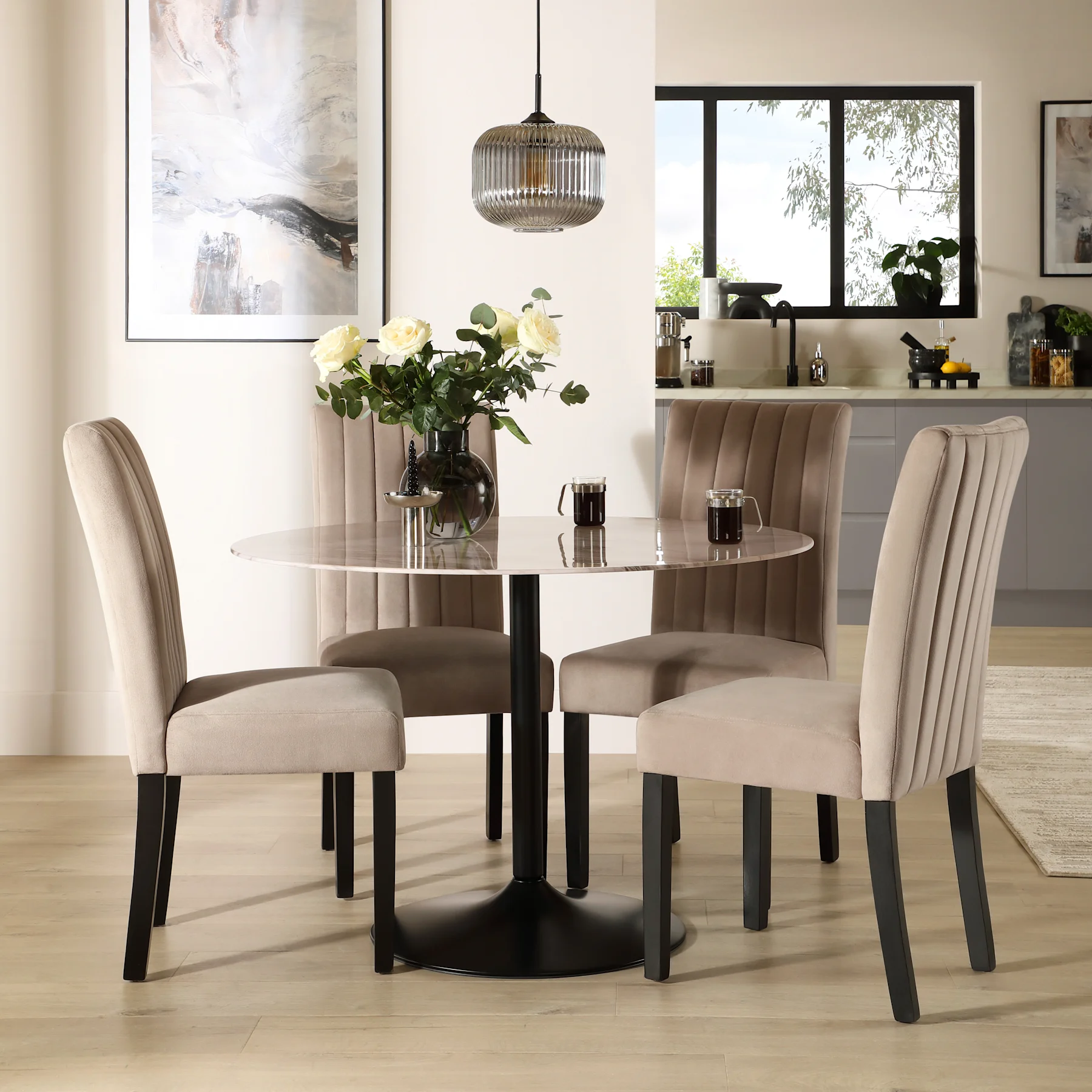 Orbit Round Dining Table & 2 Salisbury Dining Chairs, Grey Marble Effect & Black Steel, Beige Classic Plush Fabric & Black Solid Hardwood, 110cm