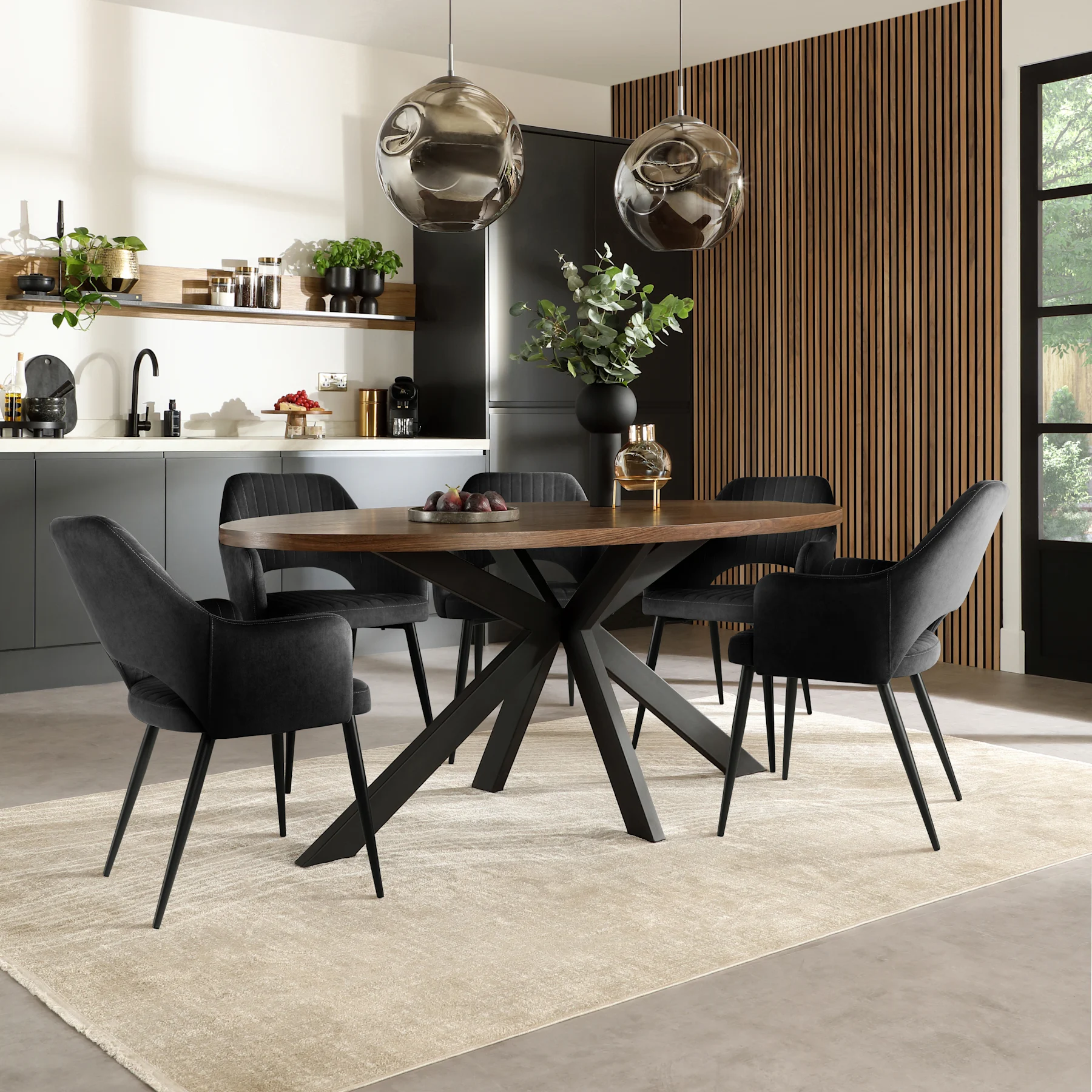 Madison Oval Industrial Dining Table & 4 Clara Chairs, Walnut Effect & Black Steel, Black Classic Velvet, 180cm