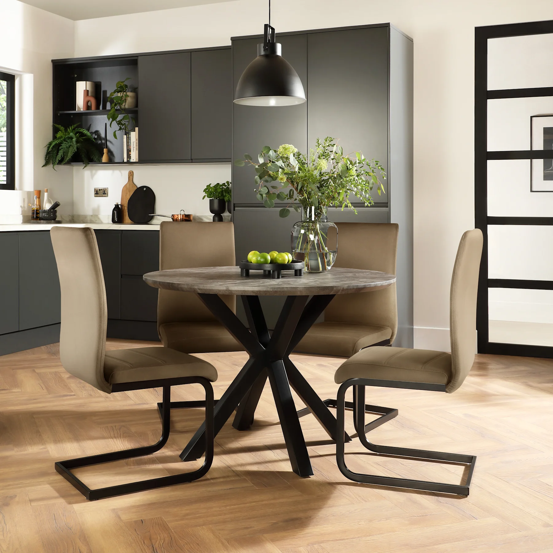 Newark Round Industrial Dining Table & 2 Perth Chairs, Grey Concrete Effect & Black Steel, Beige Classic Velvet, 110cm