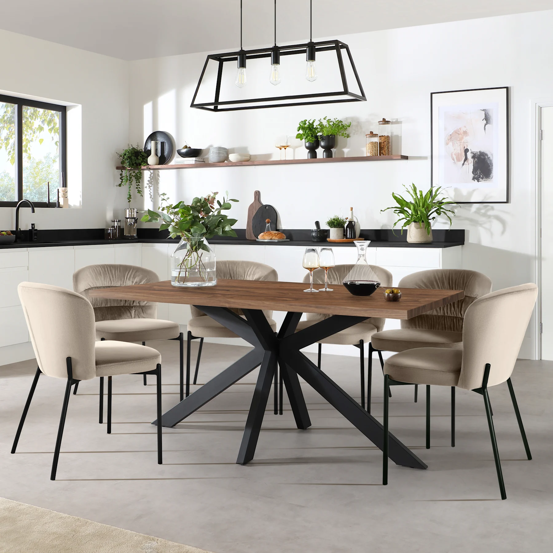 Madison Industrial Dining Table & 6 Gianna Chairs, Walnut Effect & Black Steel, Champagne Classic Velvet, 160cm