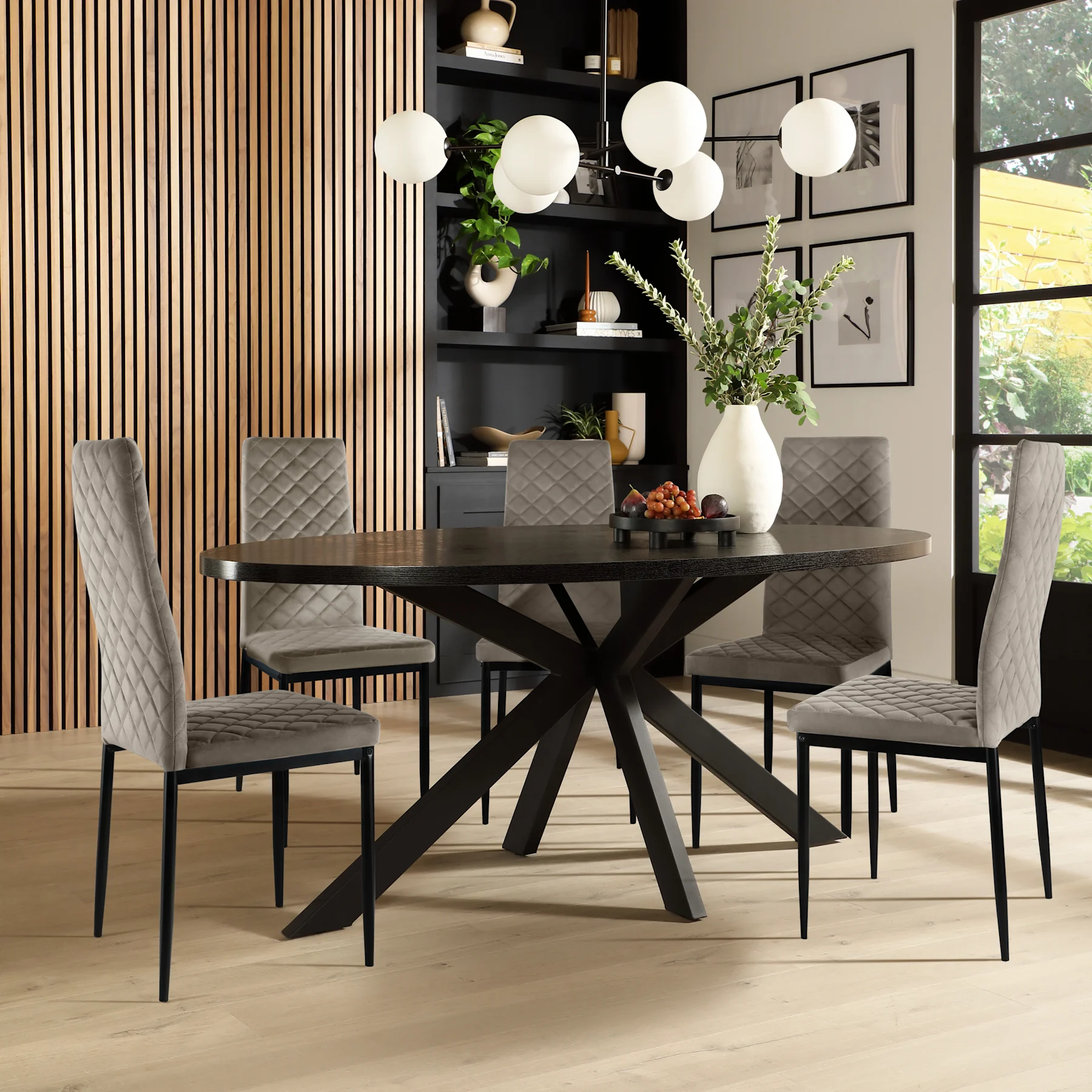 Madison Oval Dining Table & 6 Renzo  Chairs, Black Oak Effect & Black Steel, Grey Classic Velvet, 150cm