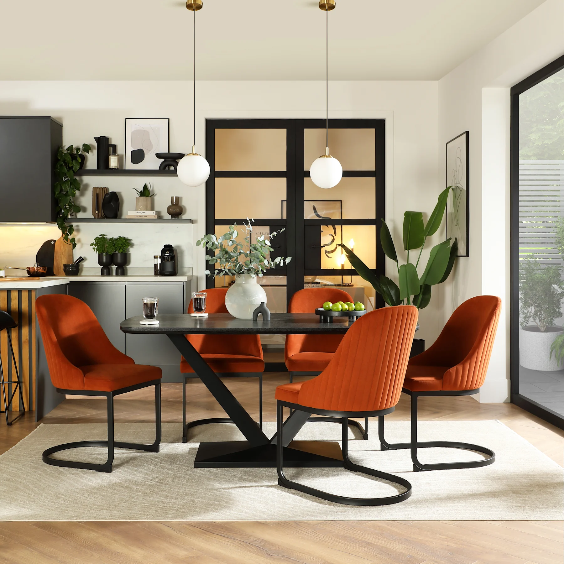 Avanta Dining Table & 6 Riva Dining Chairs, Black Oak Effect & Black Steel, Burnt Orange Classic Velvet, 160cm