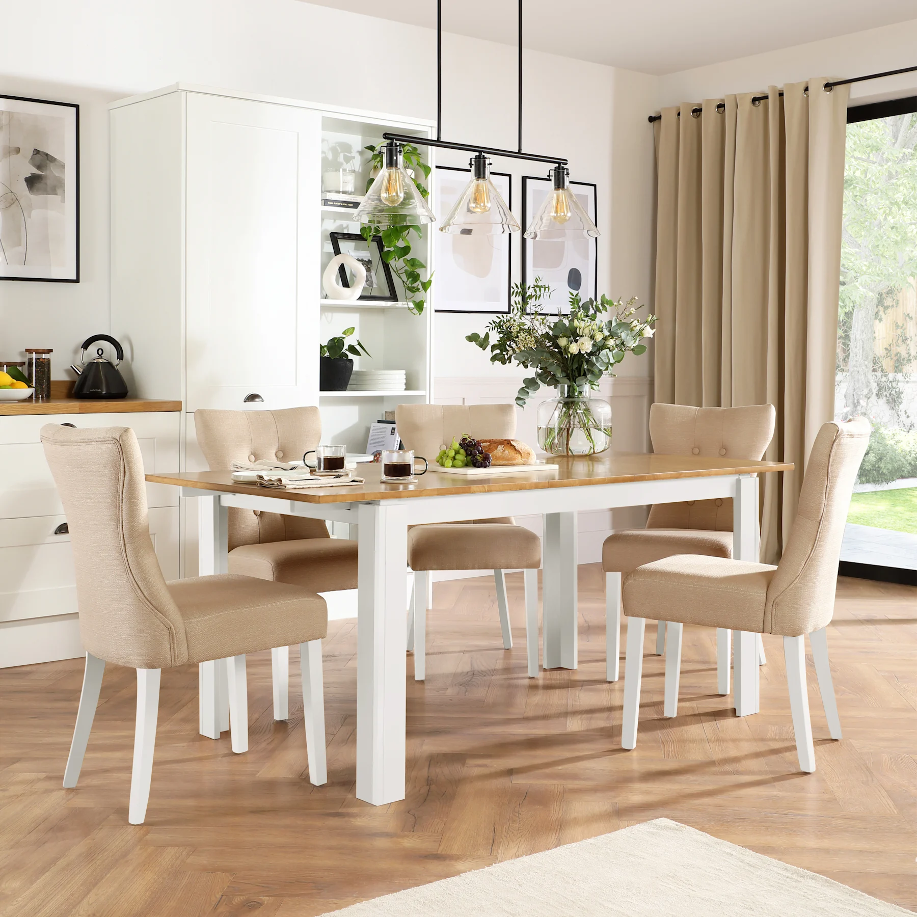 Bali Extending Dining Table & 4 Bewley Chairs, Natural Oak Finish & White Solid Hardwood, Oatmeal Classic Linen-Weave Fabric, 150-180cm