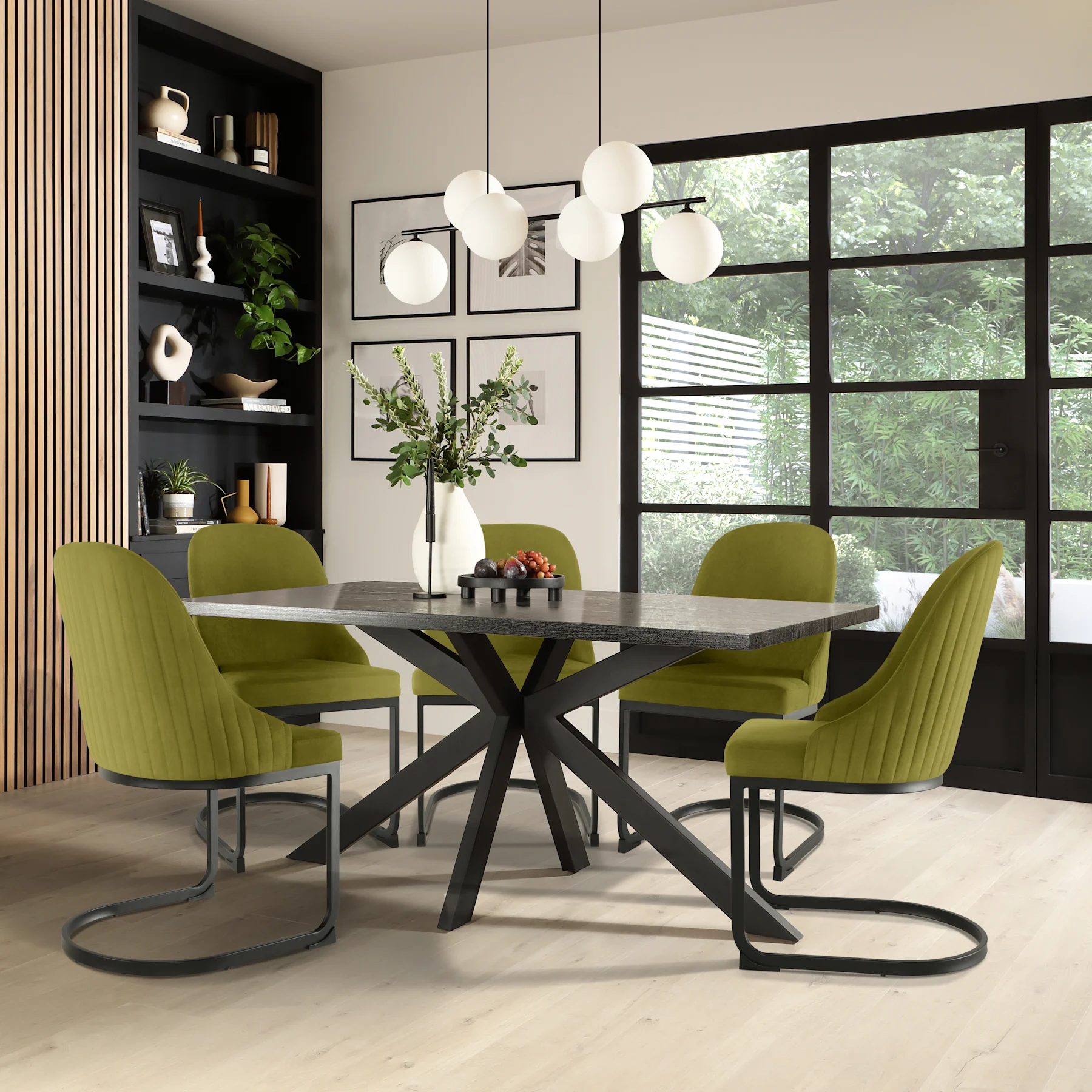 Madison Dining Table & 6 Riva Chairs, Black Oak Effect & Black Steel, Olive Green Classic Velvet, 160cm