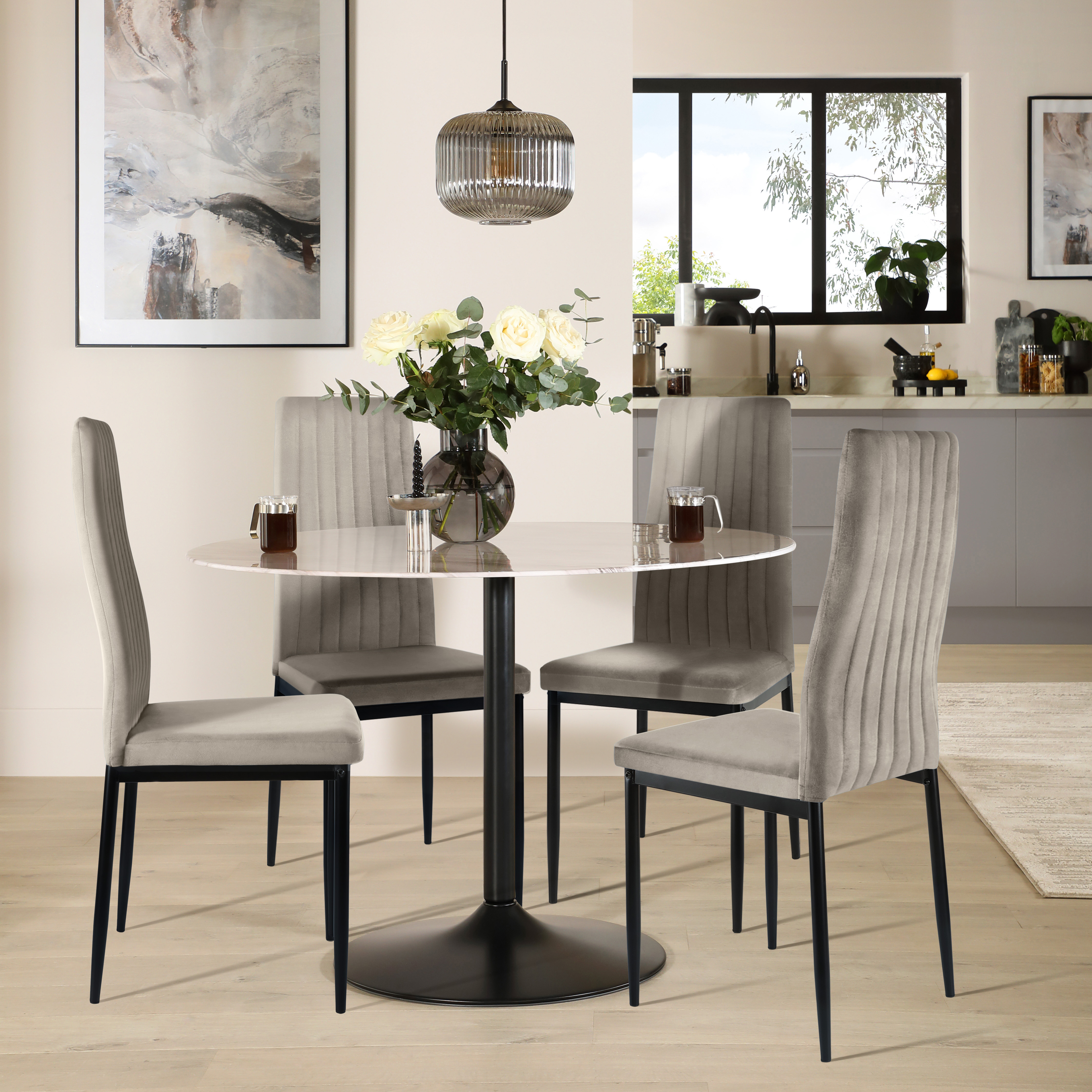 Orbit Round Dining Table & 4 Leon Chairs, Grey Marble Effect