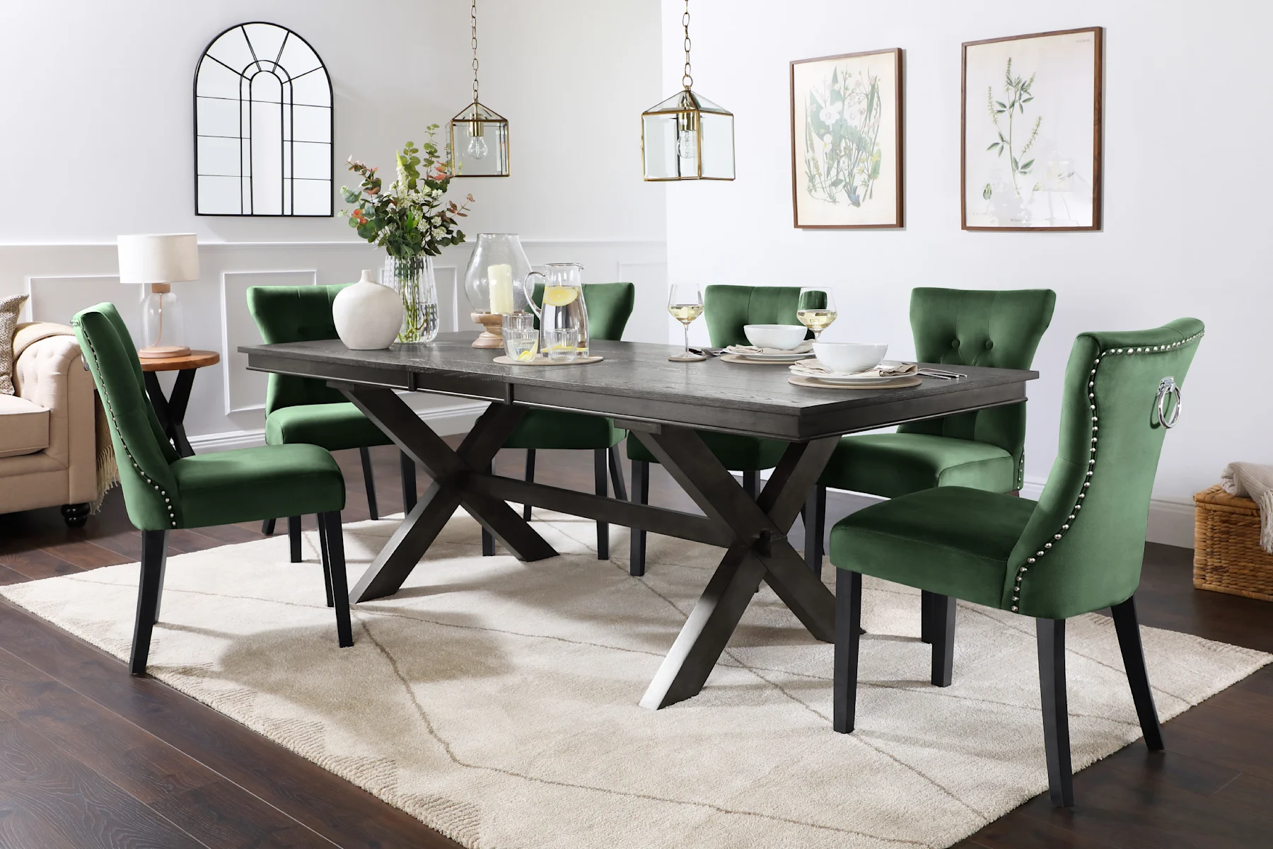 Grange Extending Dining Table & 6 Kensington Chairs, Grey Oak Veneer & Solid Hardwood, Moss Green Classic Velvet & Black Solid Hardwood, 180-220cm