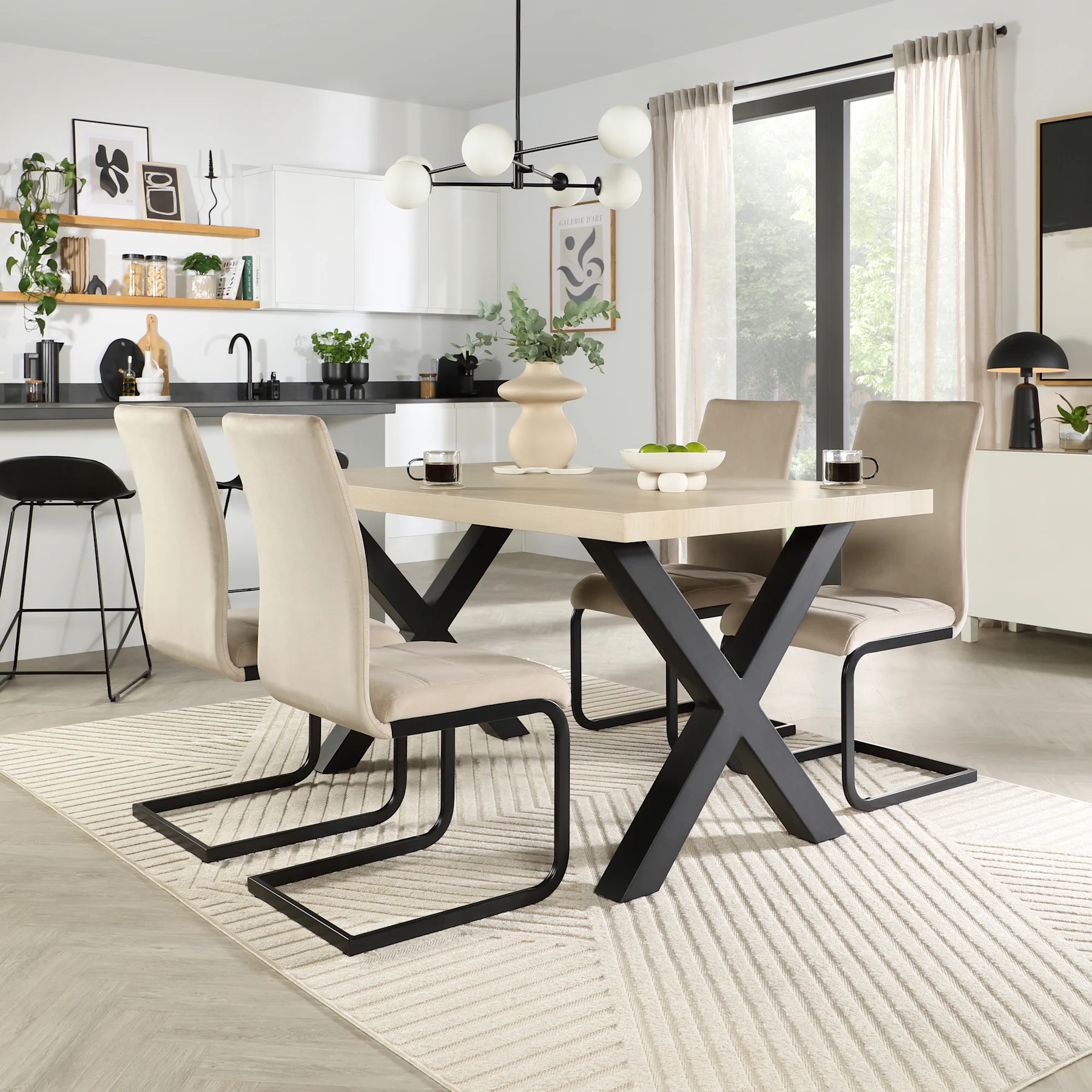 Franklin Dining Table & 4 Perth Chairs, Light Oak Effect & Black Steel, Champagne Classic Velvet, 150cm
