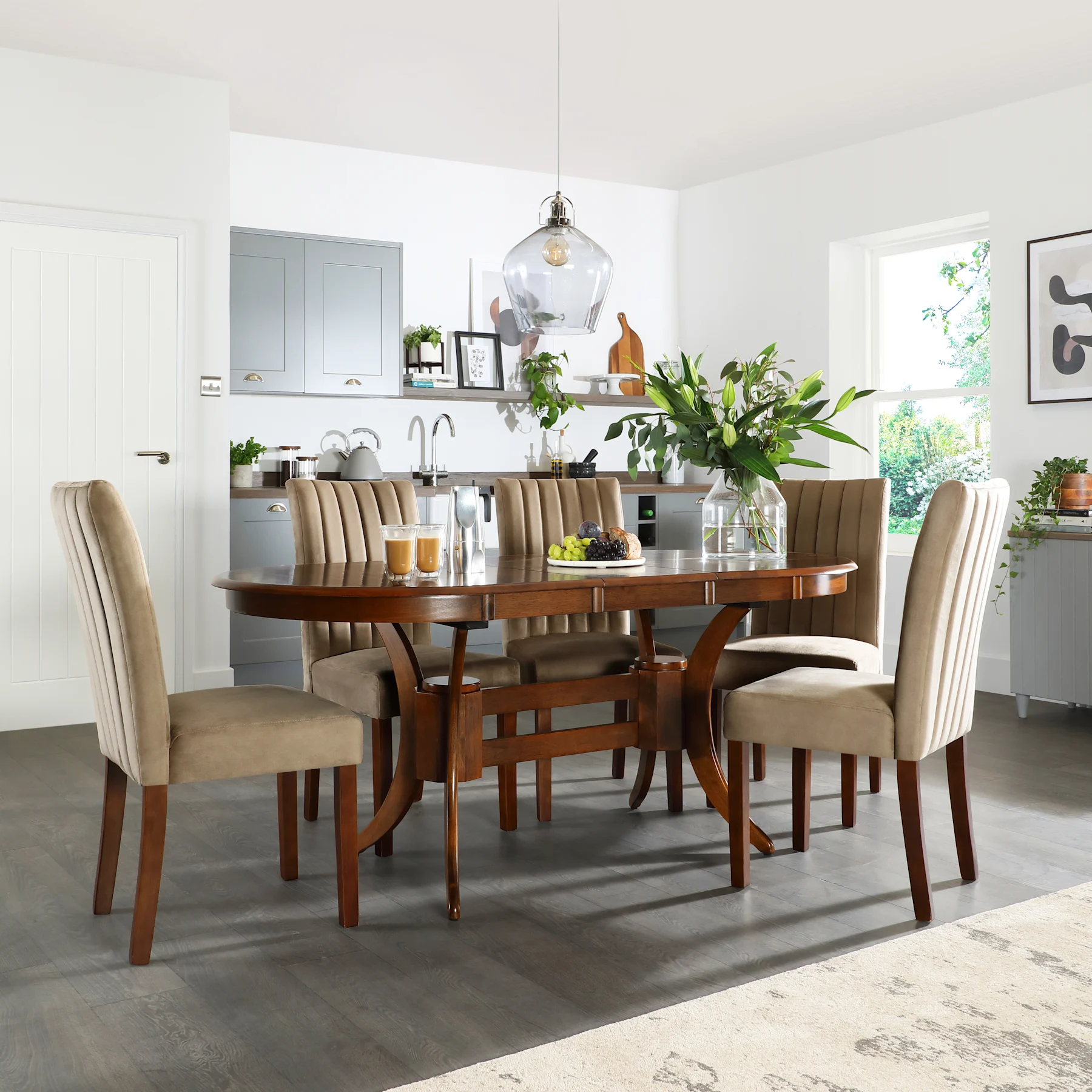Townhouse Oval Extending Dining Table & 6 Salisbury Chairs, Dark Solid Hardwood, Beige Classic Velvet, 150-180cm