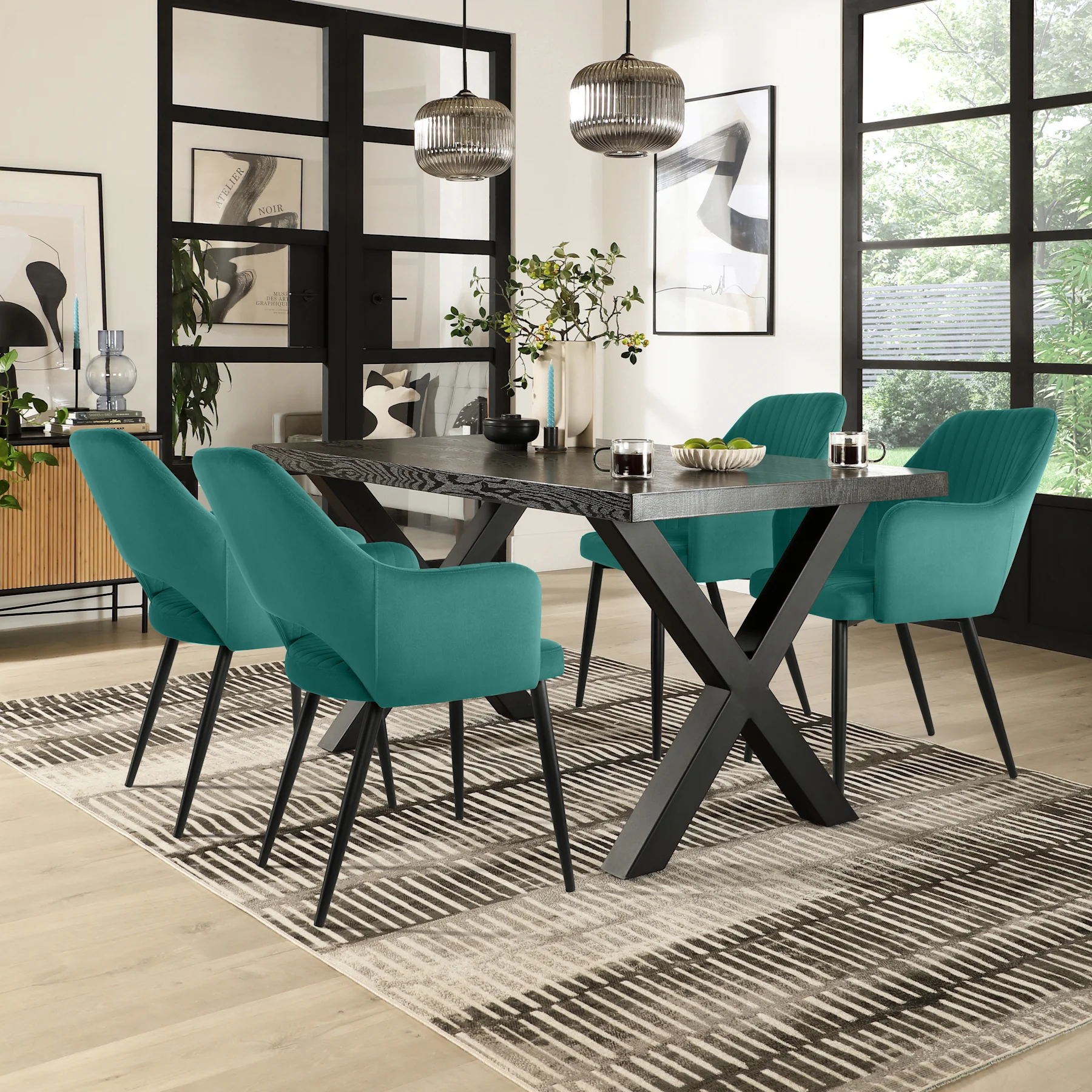 Franklin Dining Table & 4 Clara Chairs, Black Oak Effect & Black Steel, Teal Classic Velvet, 150cm