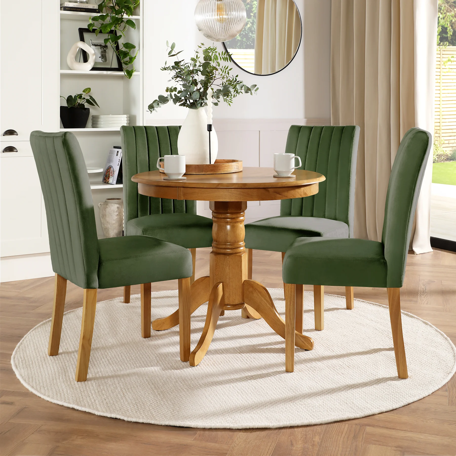 Kingston Round Dining Table & 4 Salisbury Chairs, Natural Oak Finished Solid Hardwood, Moss Green Classic Plush Fabric, 90cm