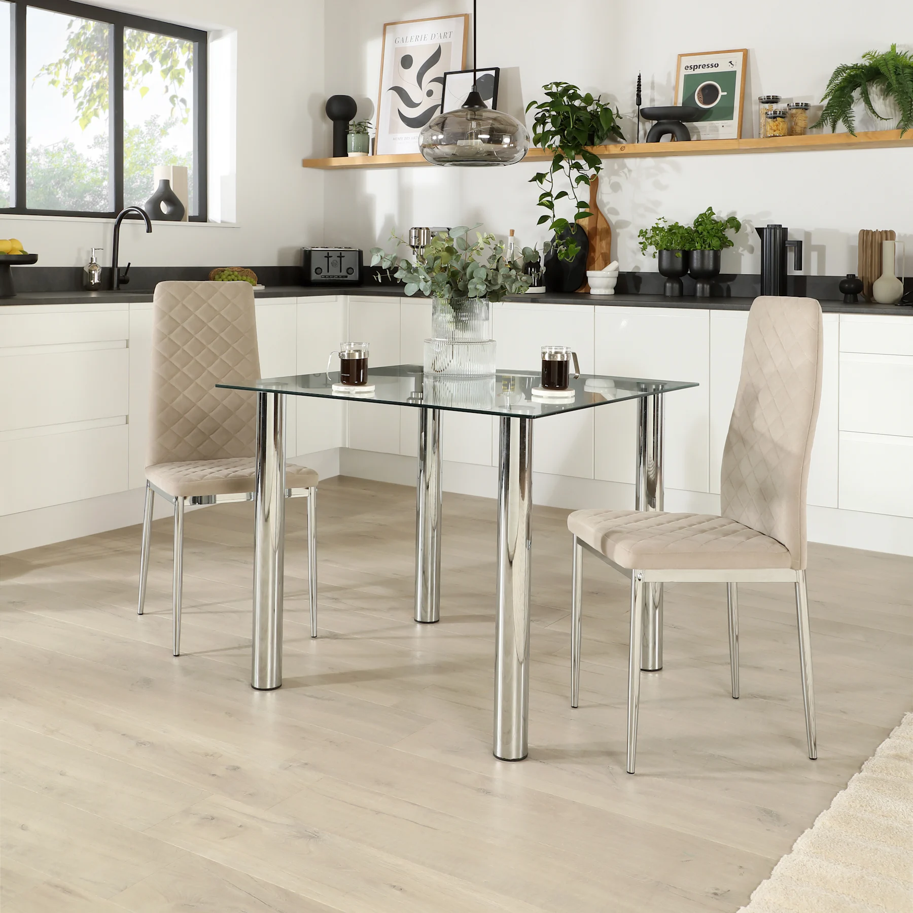 Nova Square Dining Table & 2 Renzo Chairs, Glass & Chrome, Champagne Classic Velvet, 90cm
