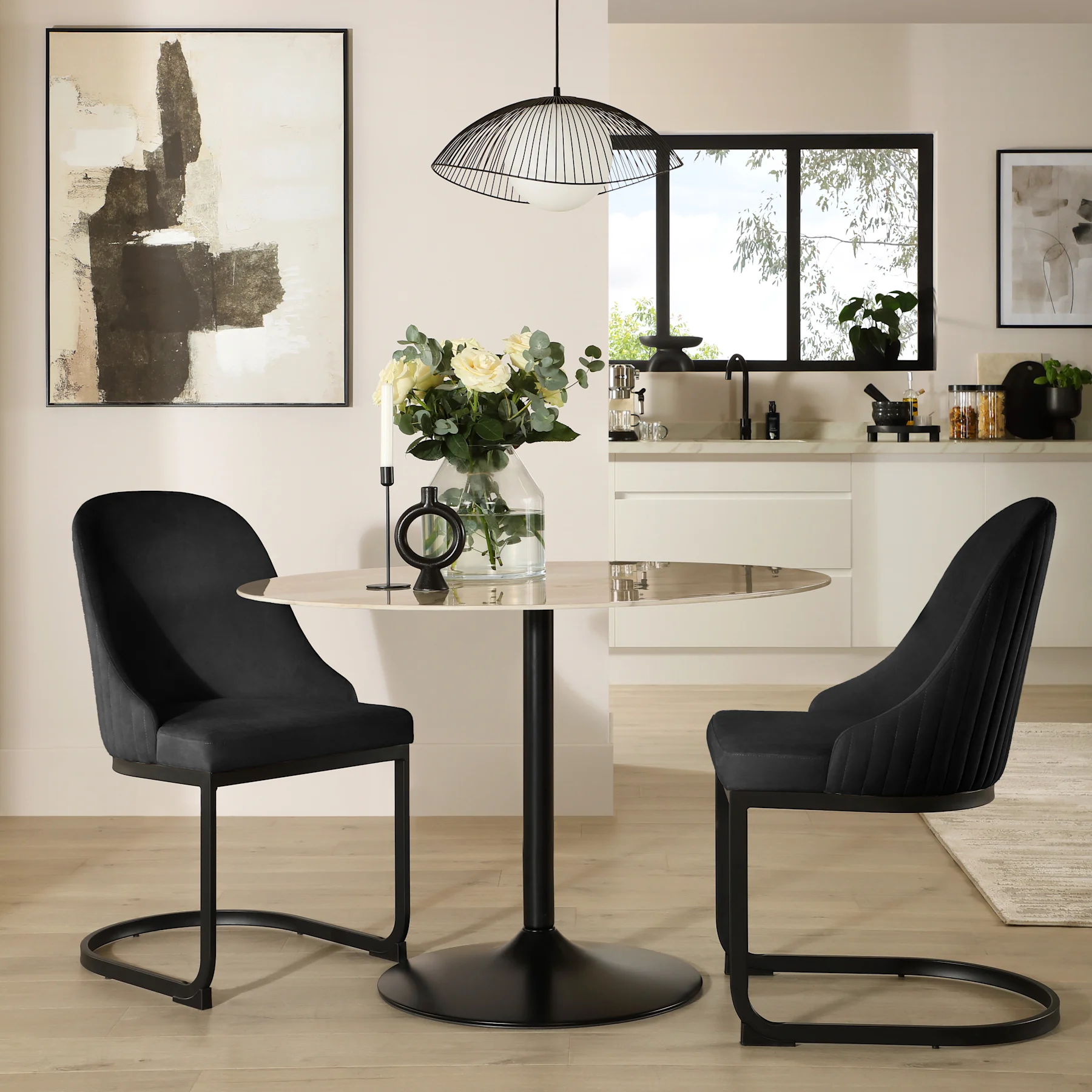 Orbit Round Dining Table & 2 Riva Chairs, Beige Marble Effect & Black Steel, Black Classic Velvet, 110cm