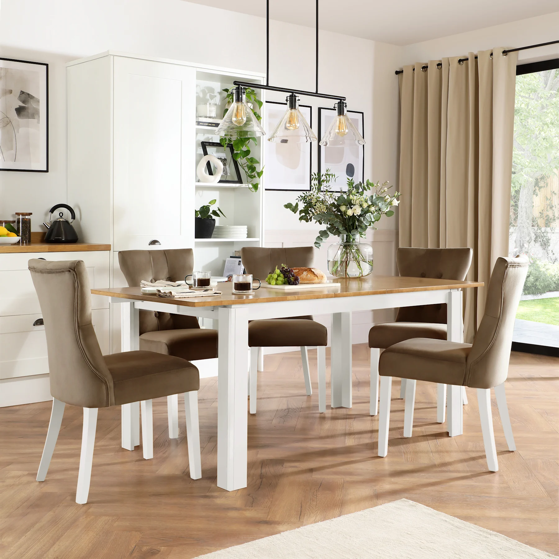 Bali Extending Dining Table & 6 Bewley Chairs, Natural Oak Finish & White Solid Hardwood, Beige Classic Velvet, 150-180cm