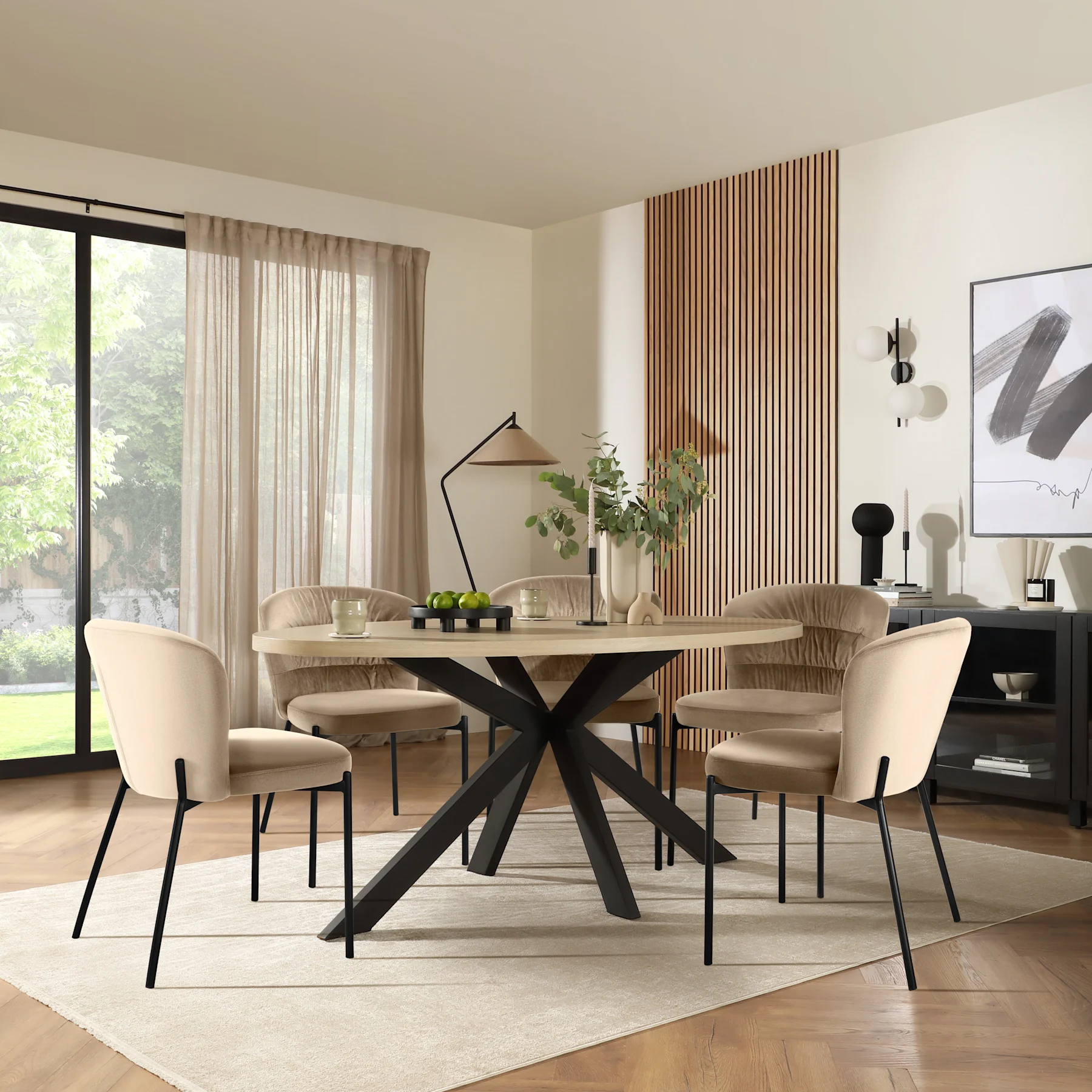 Madison Oval Dining Table & 4 Gianna Chairs, Light Oak Effect & Black Steel, Champagne Classic Velvet, 180cm