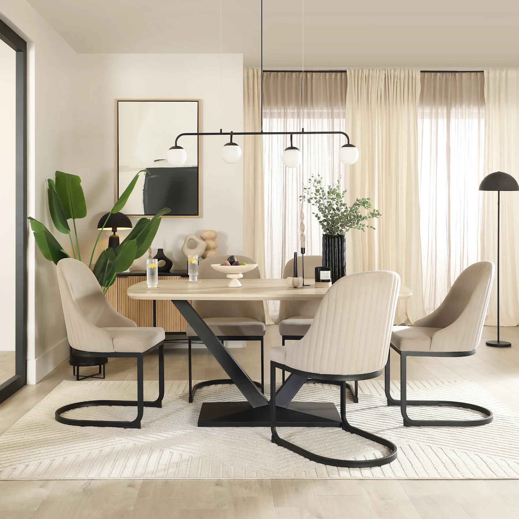 Avanta Dining Table & 4 Riva Dining Chairs, Light Oak Effect & Black Steel, Champagne Classic Velvet, 160cm