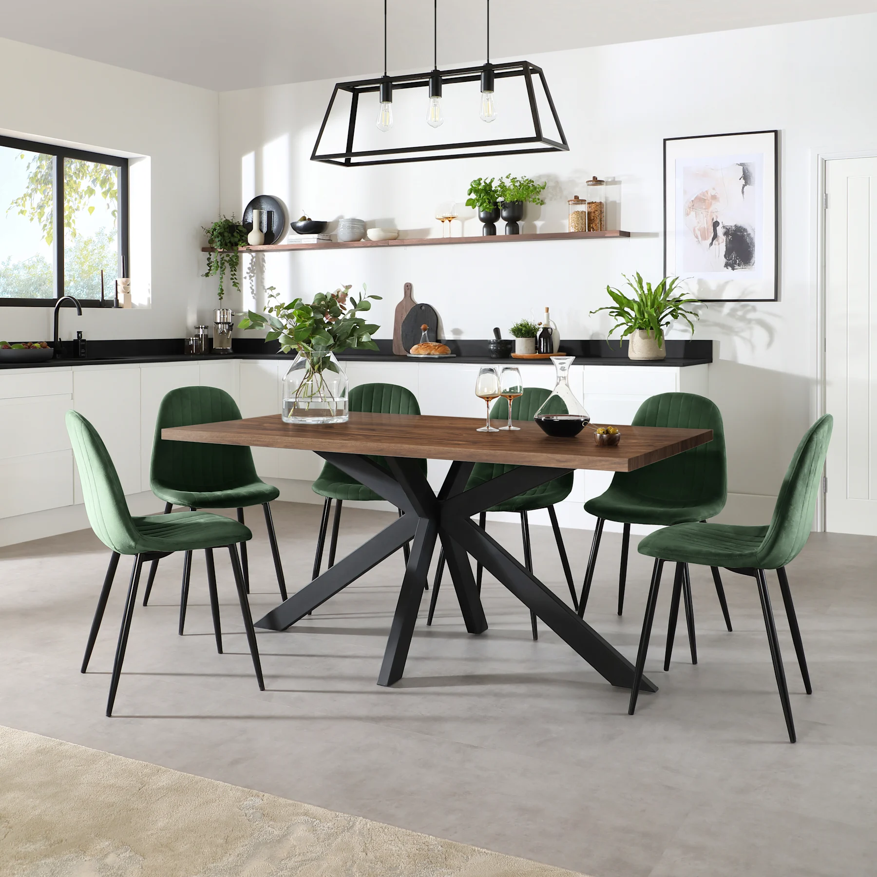 Madison Industrial Dining Table & 4 Brooklyn Chairs, Walnut Effect & Black Steel, Moss Green Classic Velvet, 160cm