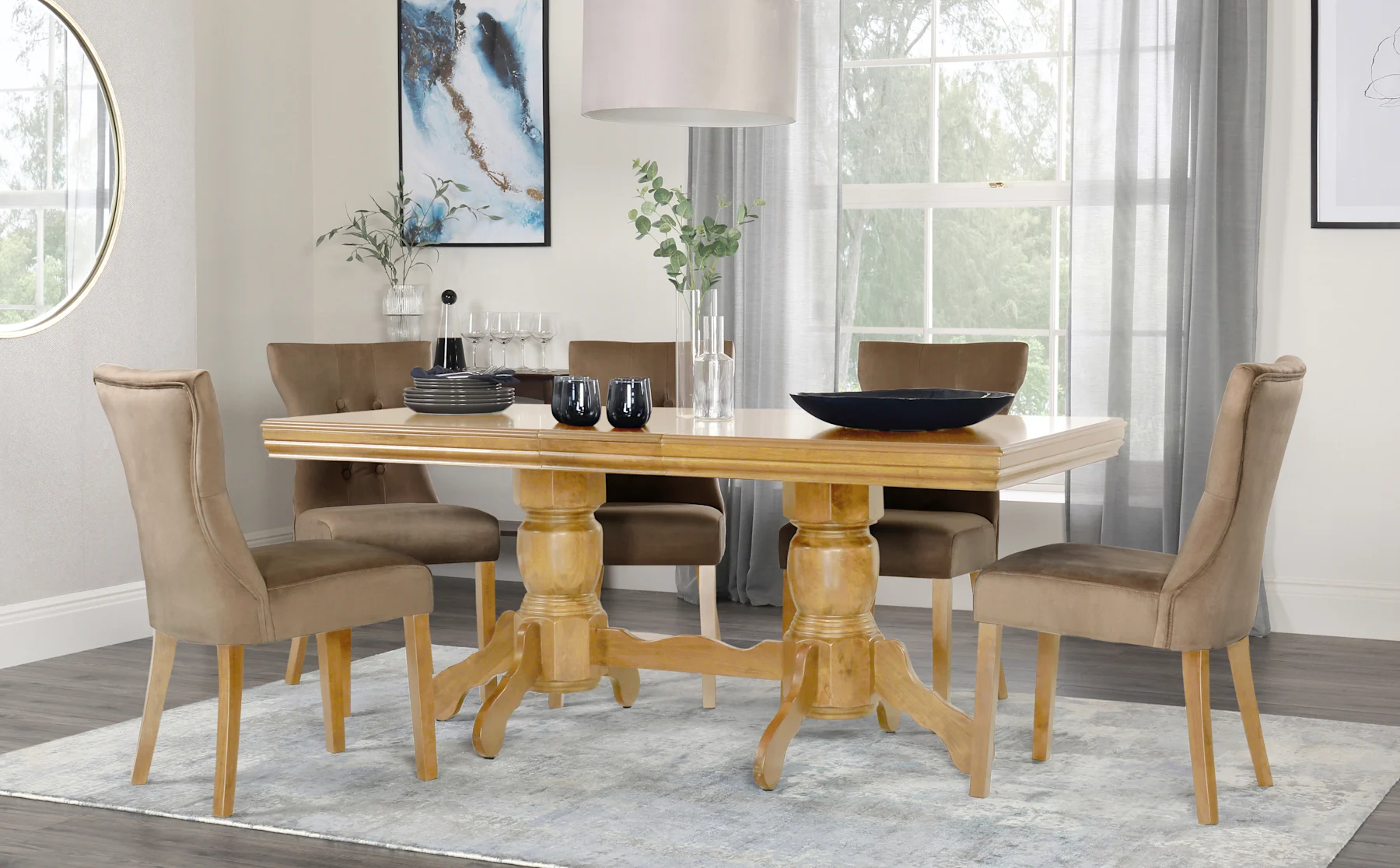 Chatsworth Extending Dining Table & 4 Bewley Chairs, Natural Oak Finished Birch Veneer & Solid Hardwood, Beige Classic Velvet & Natural Oak Finished Solid Hardwood, 150-180cm