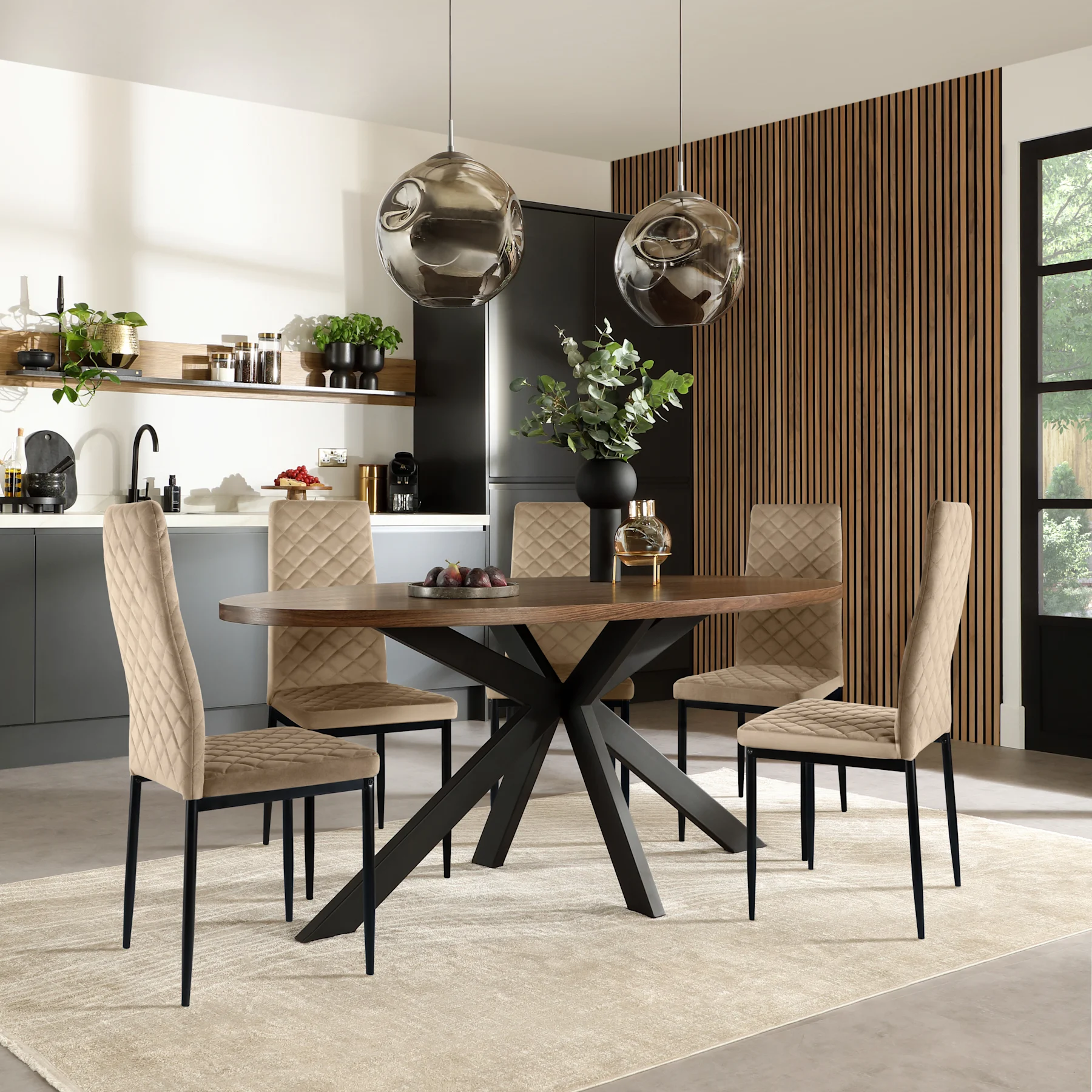 Madison Oval Industrial Dining Table & 4 Renzo  Chairs, Walnut Effect & Black Steel, Champagne Classic Velvet, 150cm