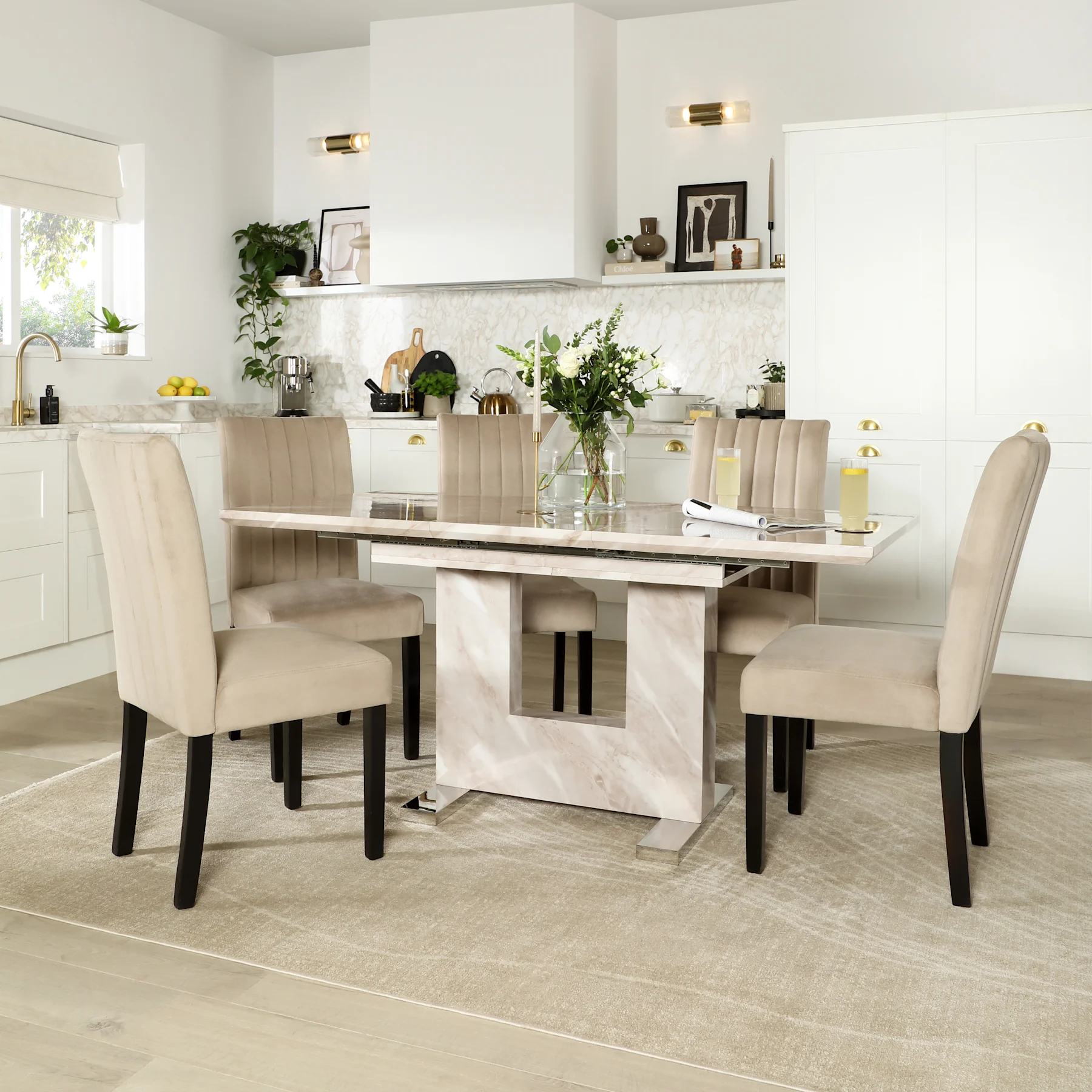 Florence Extending Dining Table & 6 Salisbury Chairs, Beige Marble Effect, Champagne Classic Velvet & Black Solid Hardwood, 120-160cm