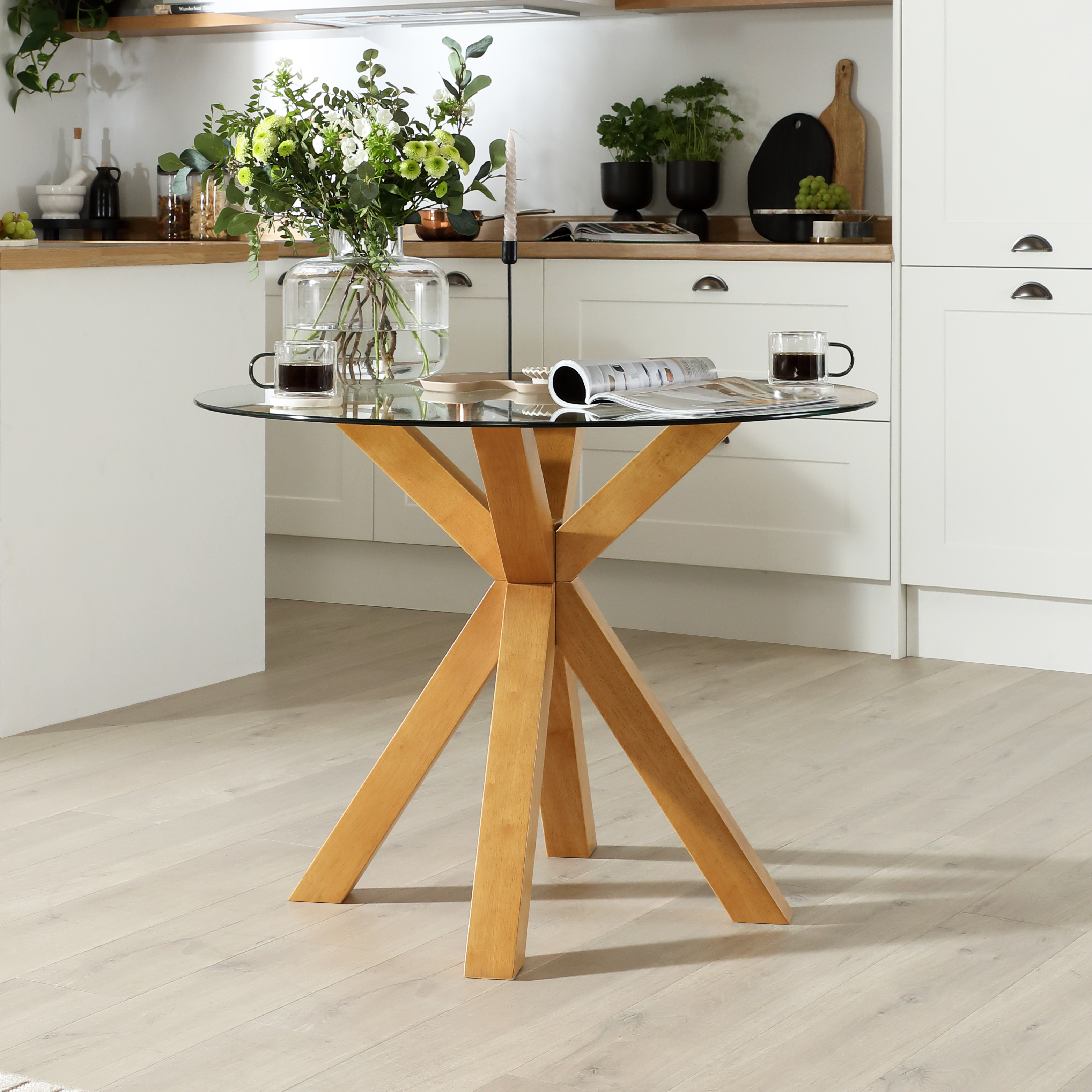 Hatton Round Dining Table, 100cm, Glass Natural Oak Finished