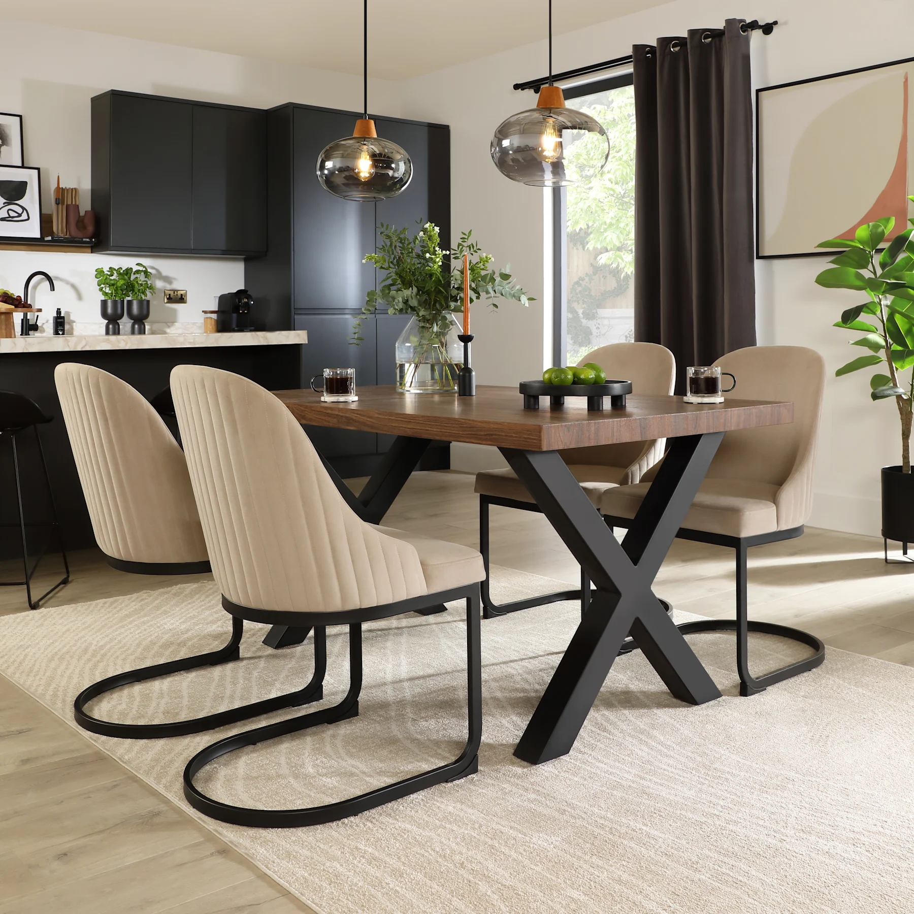 Franklin Industrial Dining Table & 4 Riva Chairs, Walnut Effect & Black Steel, Champagne Classic Velvet, 150cm