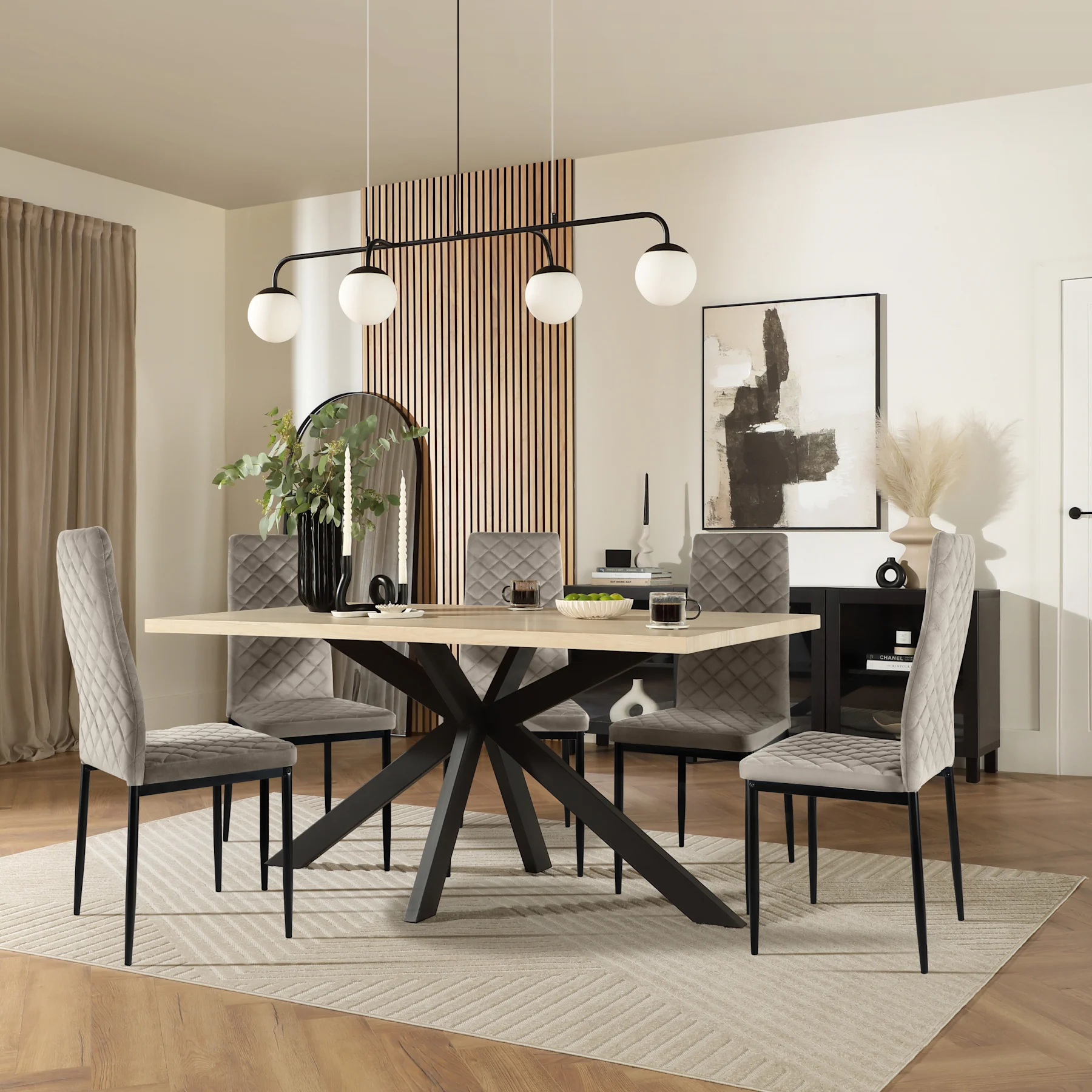 Madison Dining Table & 4 Renzo  Chairs, Light Oak Effect & Black Steel, Grey Classic Velvet, 150cm