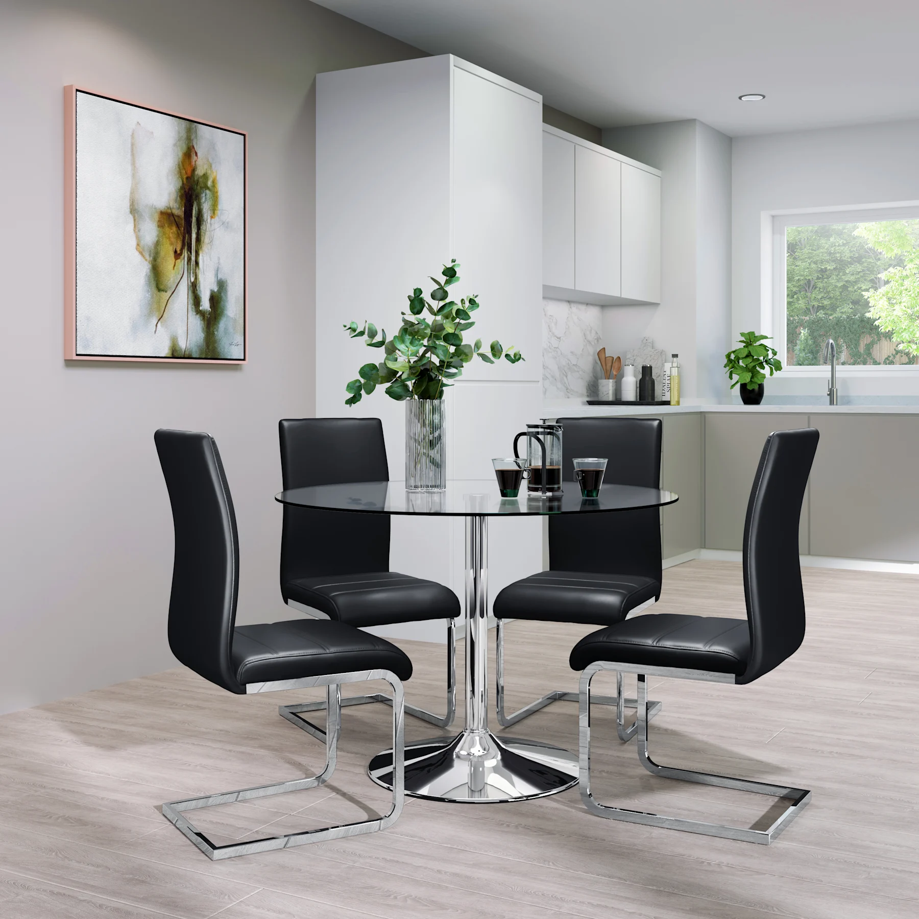 Orbit Round Dining Table & 4 Perth Chairs, Glass & Chrome, Black Premium Faux Leather, 110cm