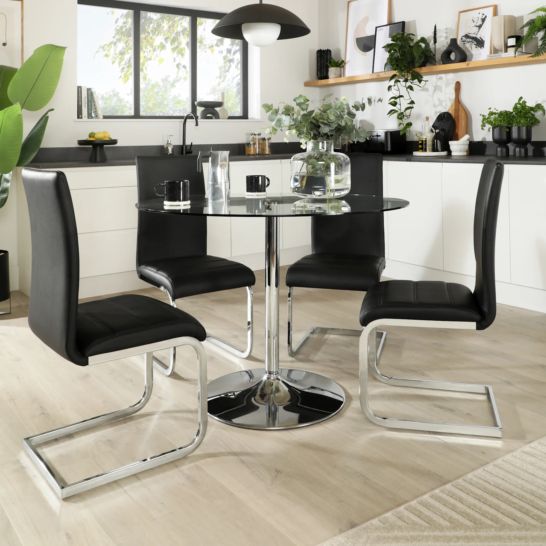 Orbit Round Dining Table & 4 Perth Chairs, Glass & Chrome, Black Premium Faux Leather, 110cm
