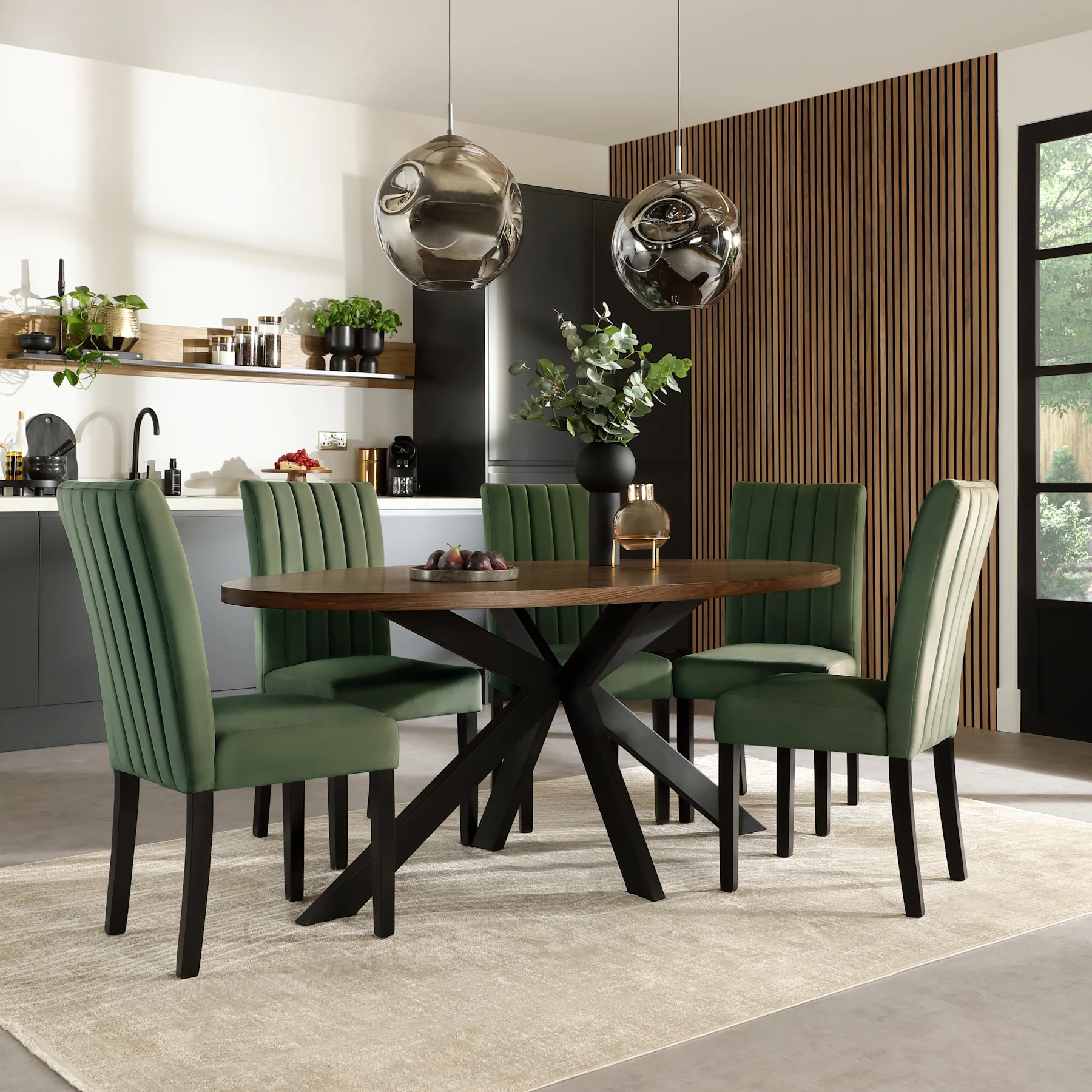 Madison Oval Industrial Dining Table & 6 Salisbury Chairs, Walnut Effect & Black Steel, Moss Green Classic Plush Fabric & Black Solid Hardwood, 180cm