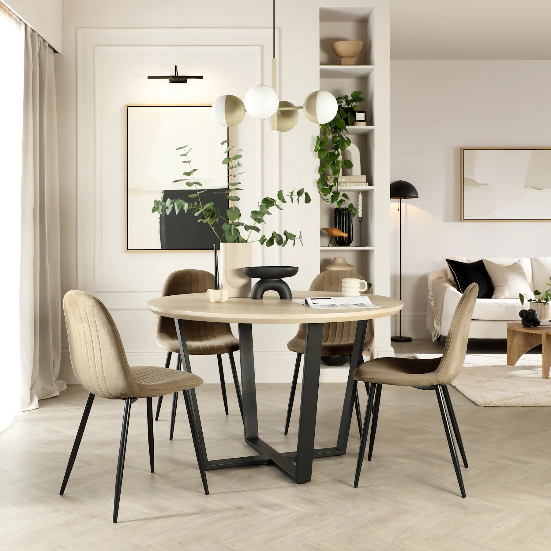 Traviso Round Dining Table & 4 Brooklyn Chairs, Light Oak Effect & Black Steel, Beige Classic Velvet, 120cm