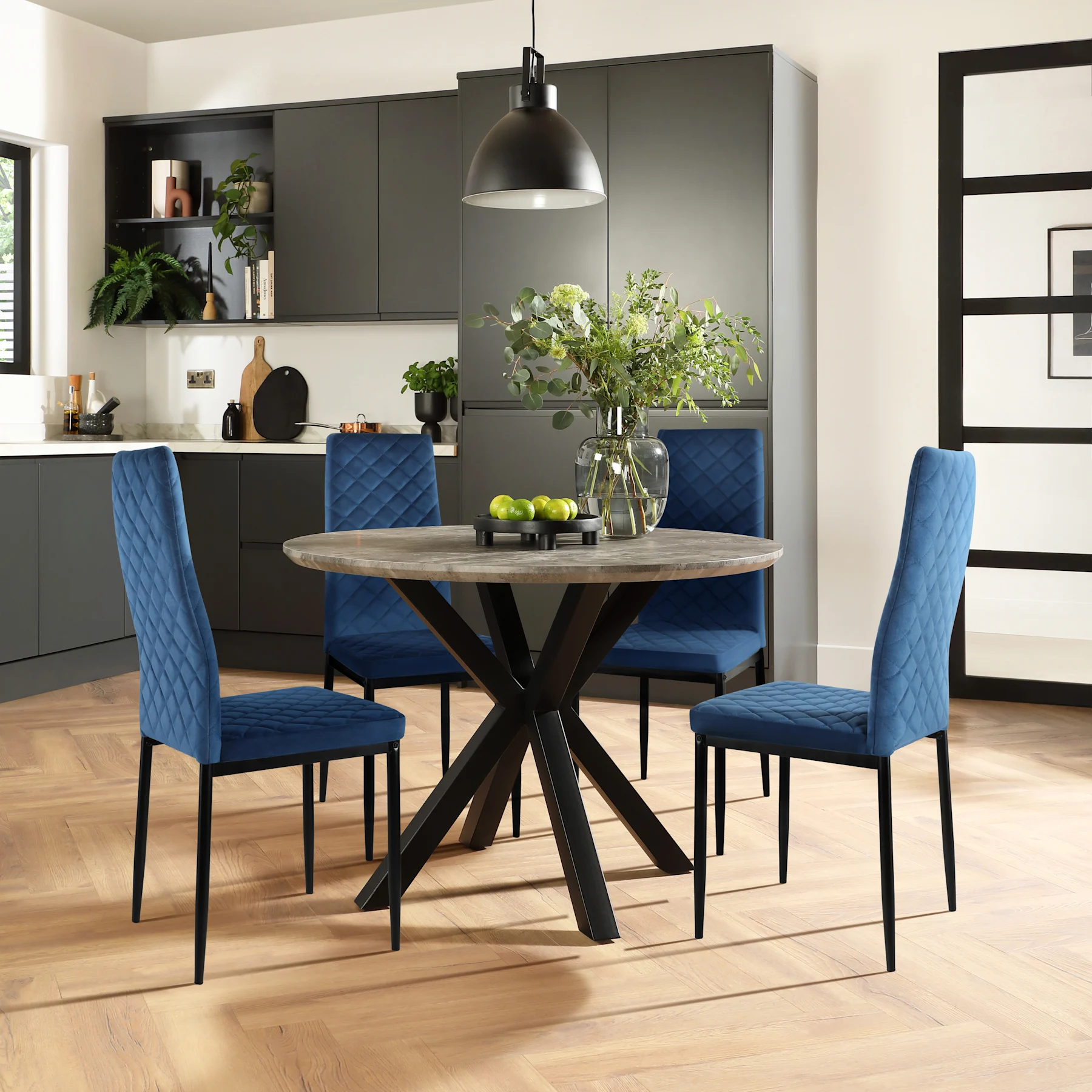 Newark Round Industrial Dining Table & 2 Renzo  Chairs, Grey Concrete Effect & Black Steel, Blue Classic Velvet, 150cm