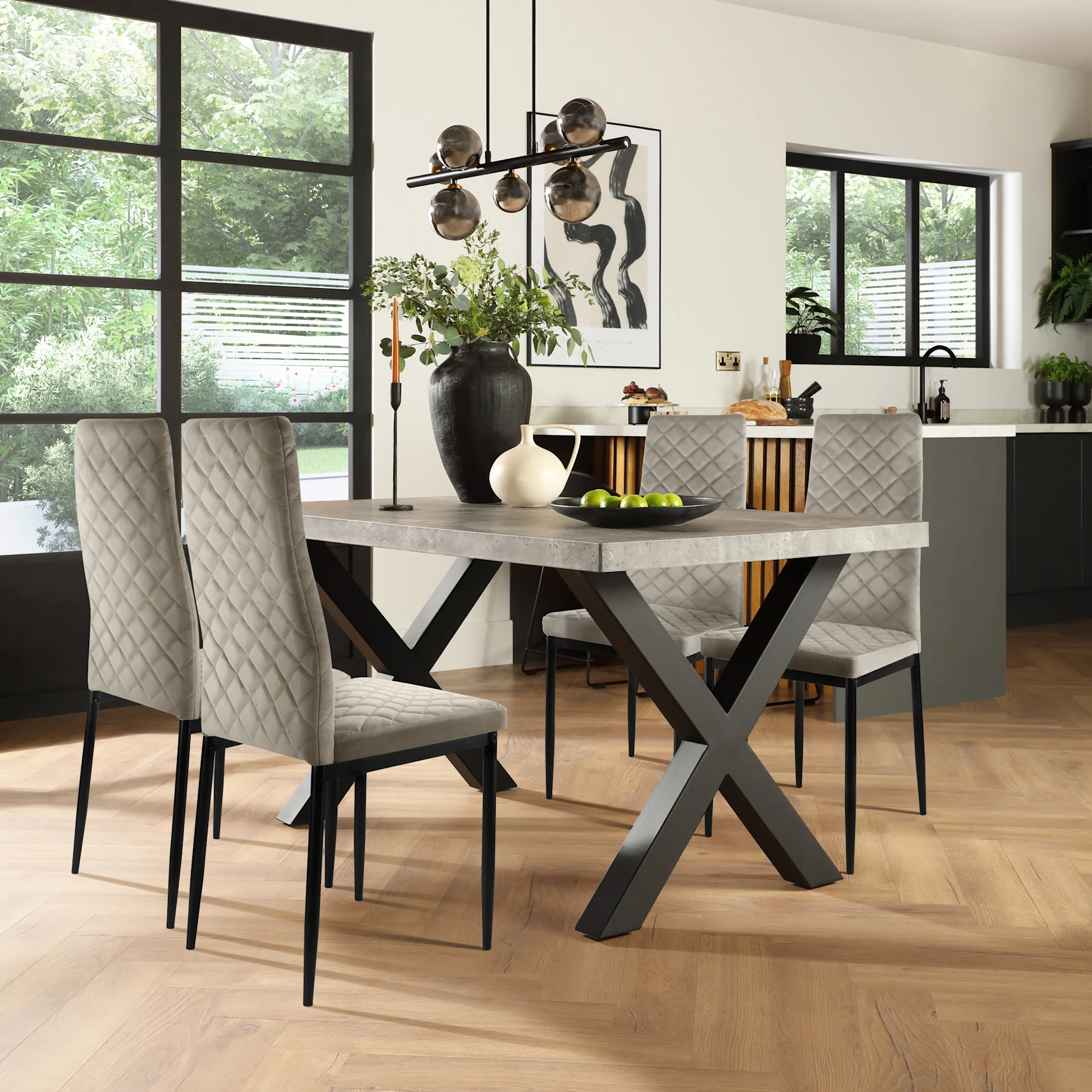 Franklin Industrial Dining Table & 4 Renzo  Chairs, Grey Concrete Effect & Black Steel, Grey Classic Velvet, 150cm