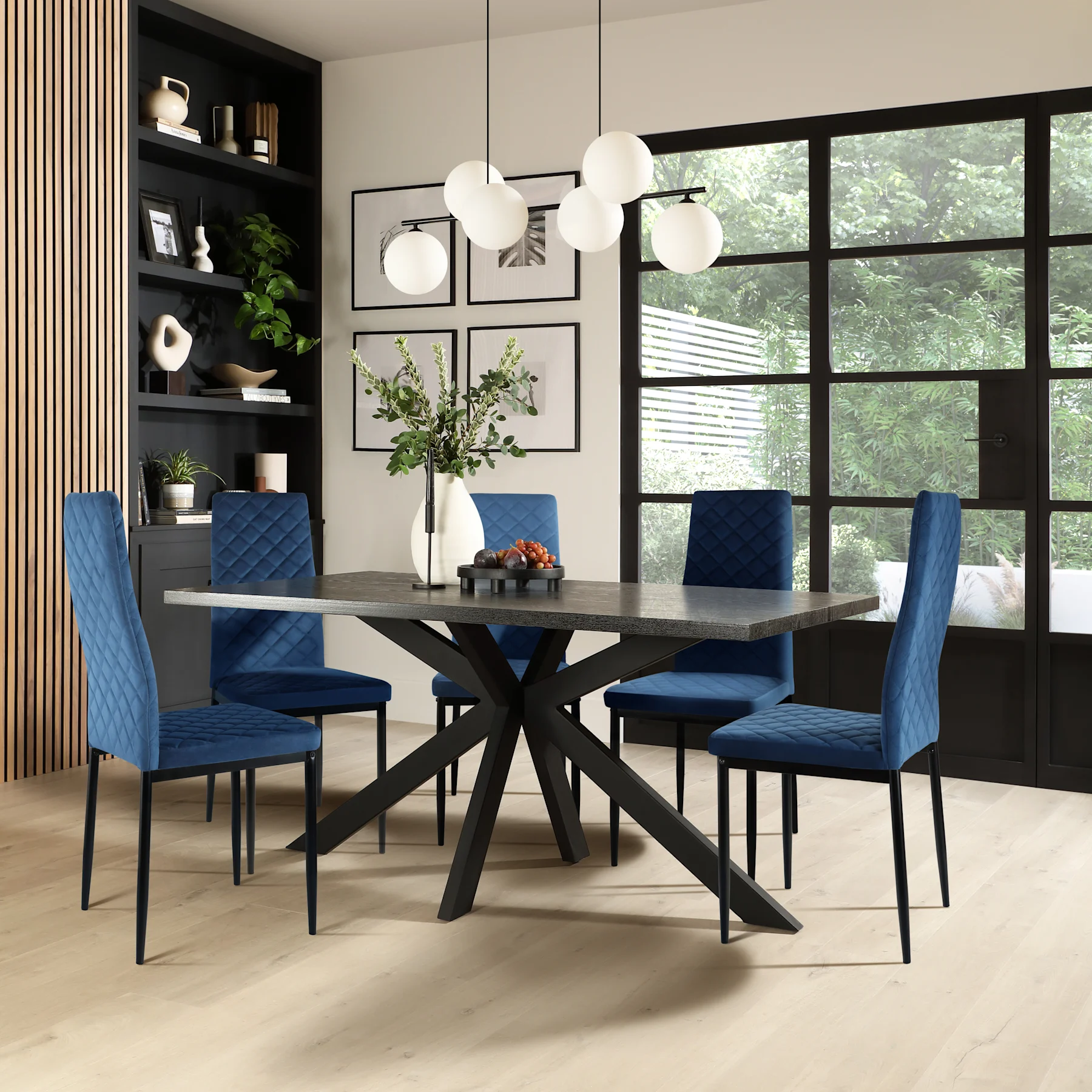 Madison Dining Table & 6 Renzo  Chairs, Black Oak Effect & Black Steel, Blue Classic Velvet, 150cm