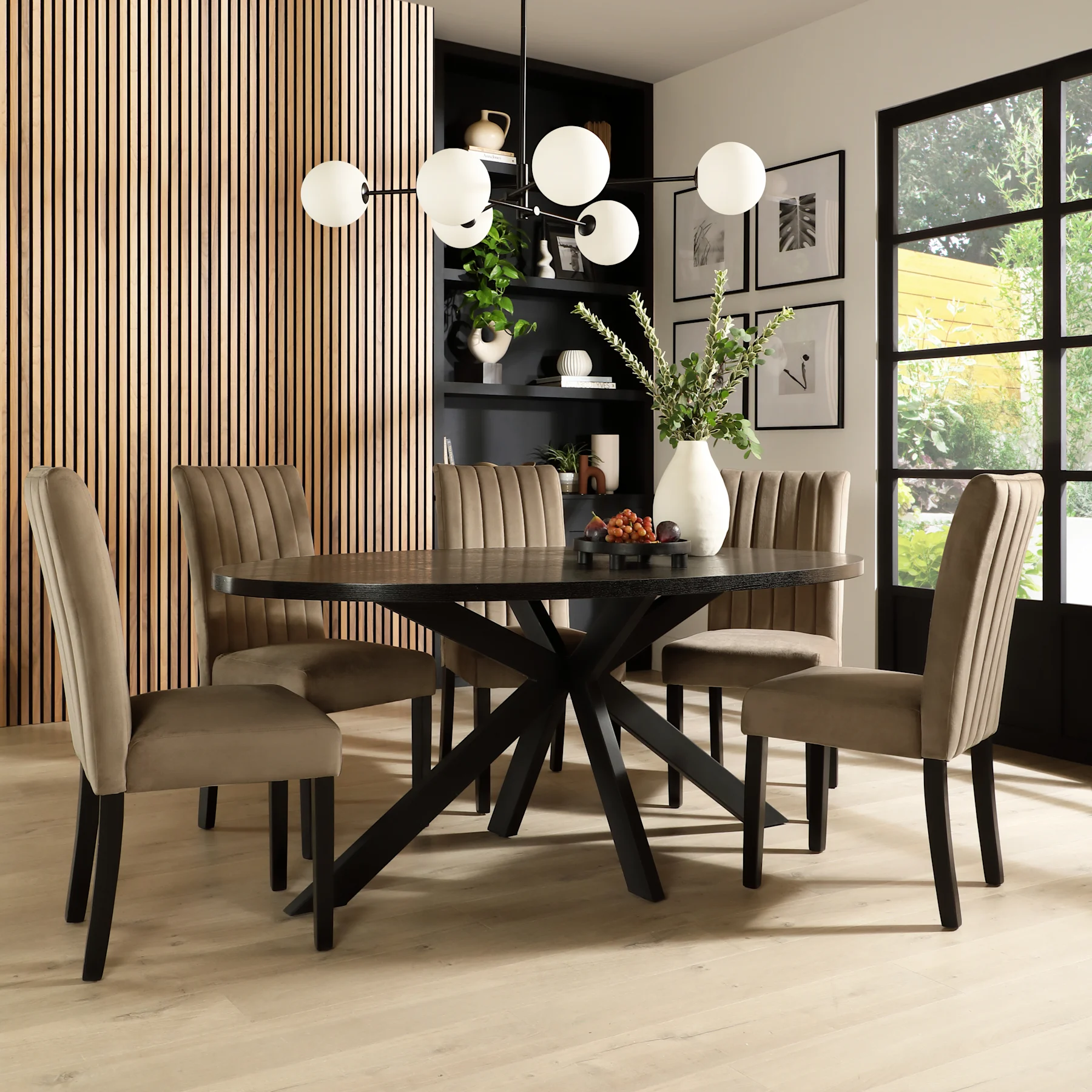 Madison Oval Dining Table & 6 Salisbury Chairs, Black Oak Effect & Black Steel, Beige Classic Velvet & Black Solid Hardwood, 180cm