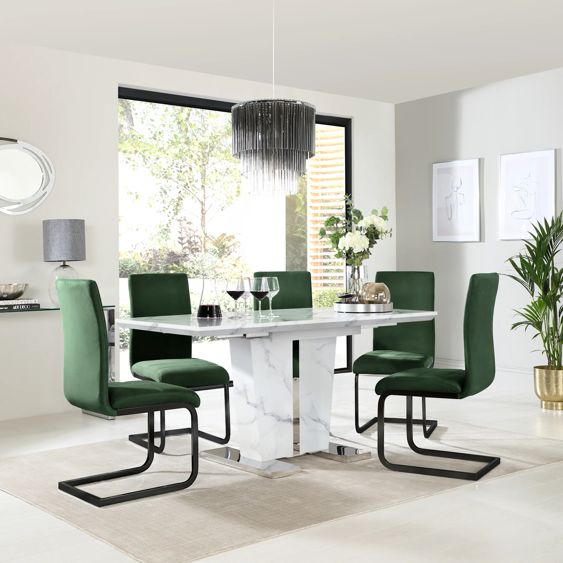 Vienna Extending Dining Table & 4 Perth Chairs, White Marble Effect, Moss Green Classic Velvet & Black Steel, 120-160cm