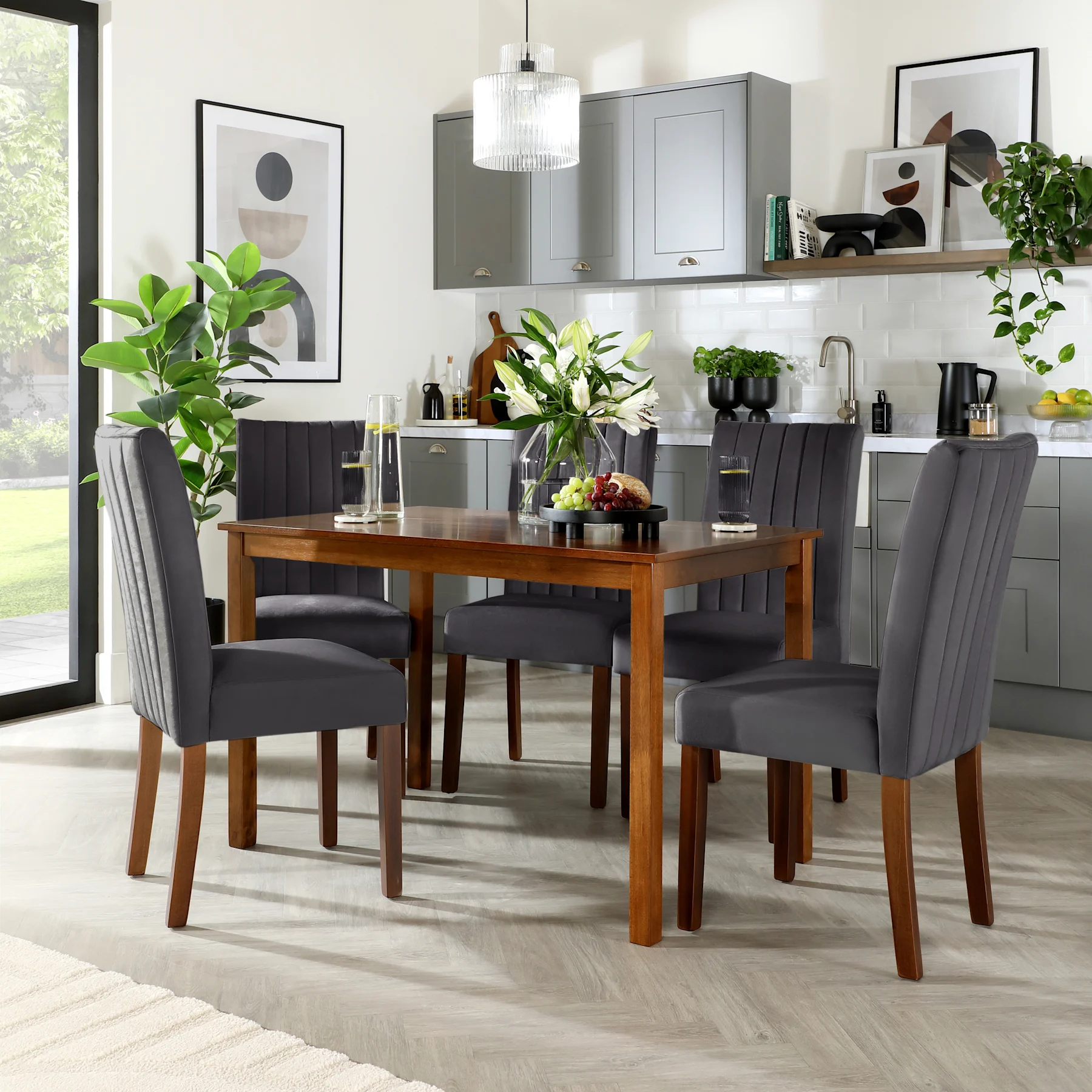 Milton Dining Table & 4 Salisbury Chairs, Dark Solid Hardwood, Slate Grey Classic Plush Fabric, 120cm