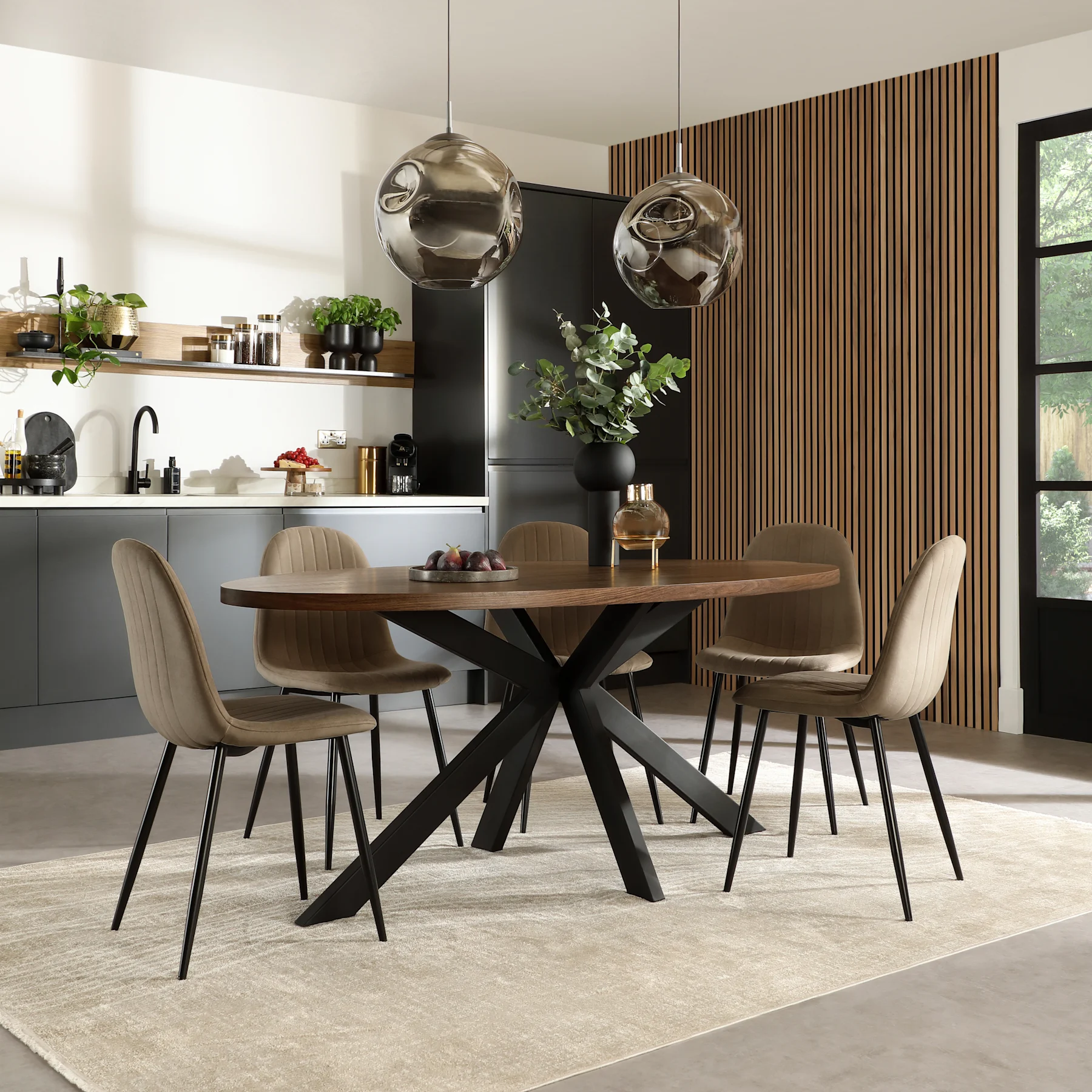 Madison Oval Industrial Dining Table & 6 Brooklyn Chairs, Walnut Effect & Black Steel, Beige Classic Velvet, 180cm
