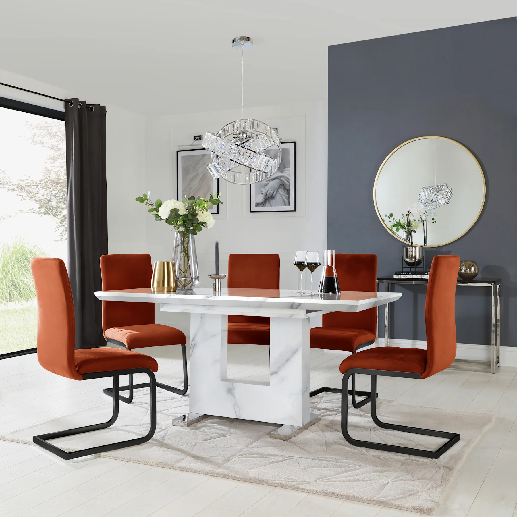 Florence Extending Dining Table & 4 Perth Chairs, White Marble Effect, Burnt Orange Classic Velvet & Black Steel, 120-160cm