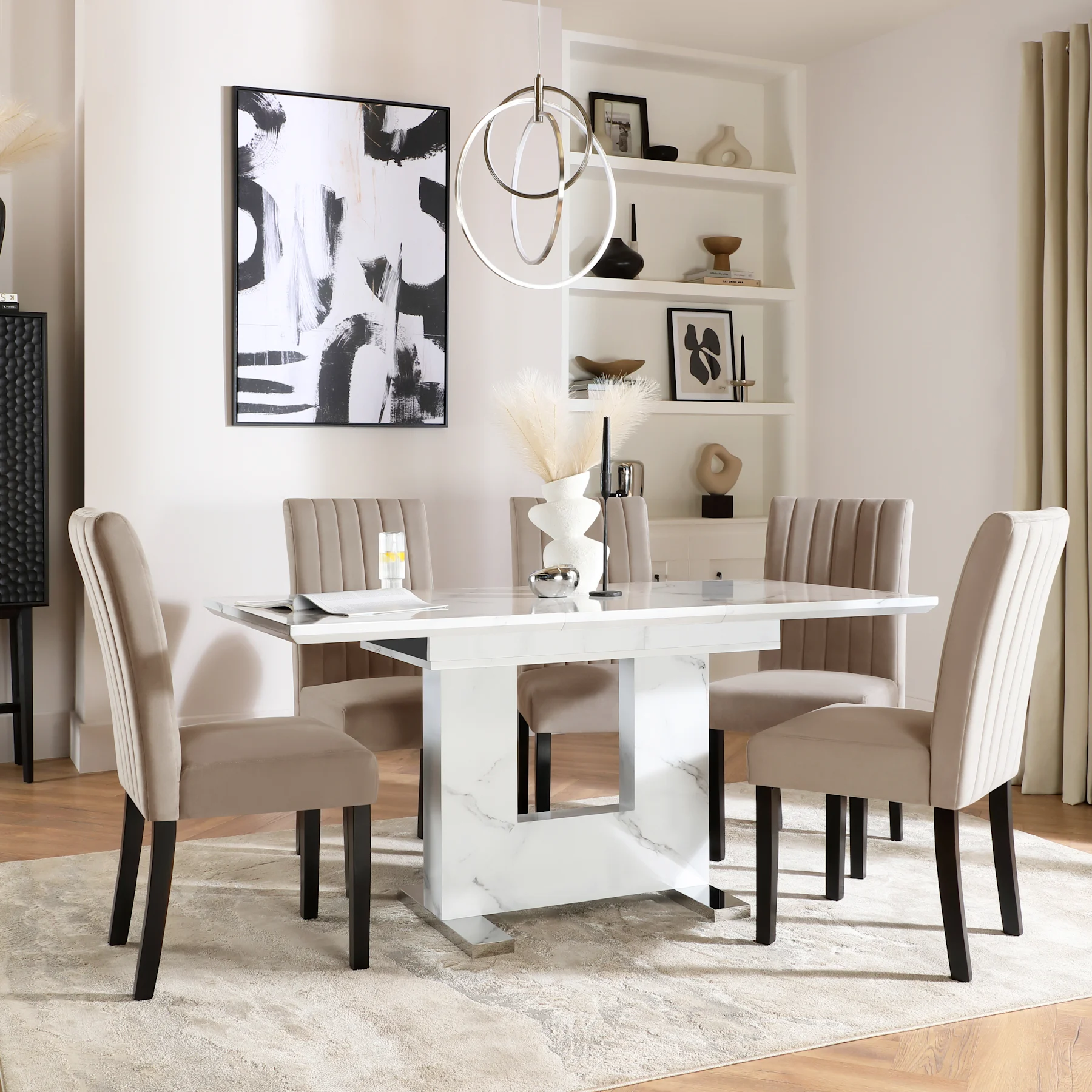 Florence Extending Dining Table & 4 Salisbury Chairs, White Marble Effect, Beige Classic Plush Fabric & Black Solid Hardwood, 120-160cm
